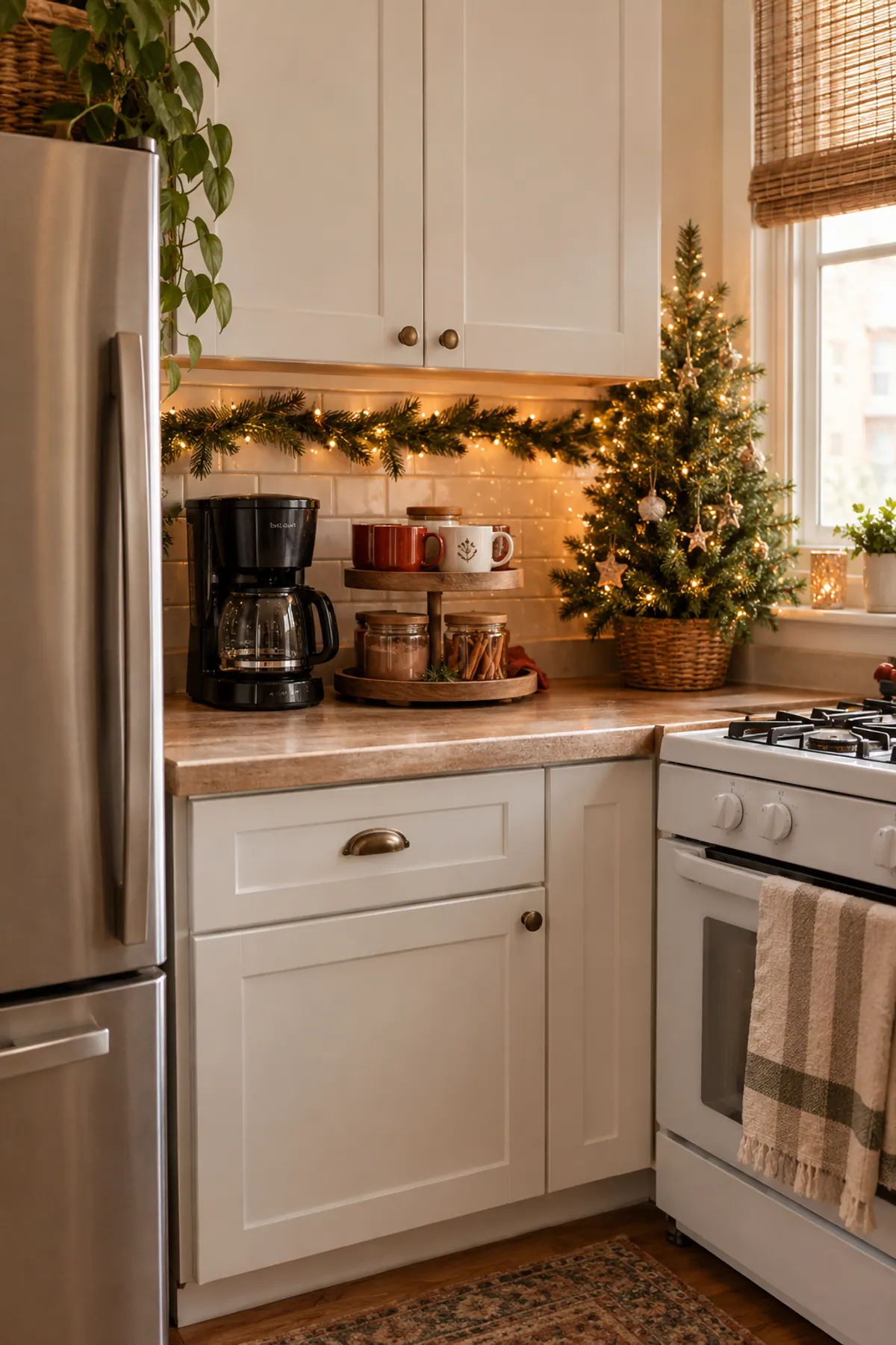 Christmas coffee bar ideas on a small rental kitchen counter: a coffee maker, a two-tier tray of mugs and cocoa jars, a small lit tabletop tree and garland with fairy lights