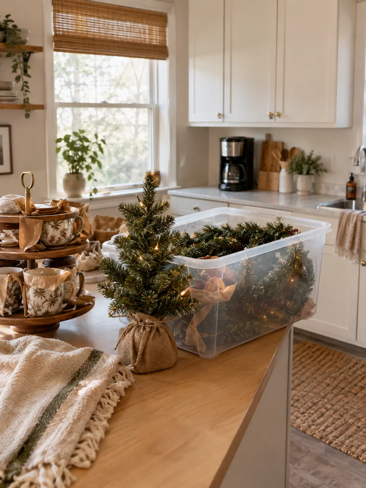 Clear storage bin on a kitchen counter being packed with a coiled lit garland, beside a small tabletop tree and a tiered tray of wrapped holiday mugs