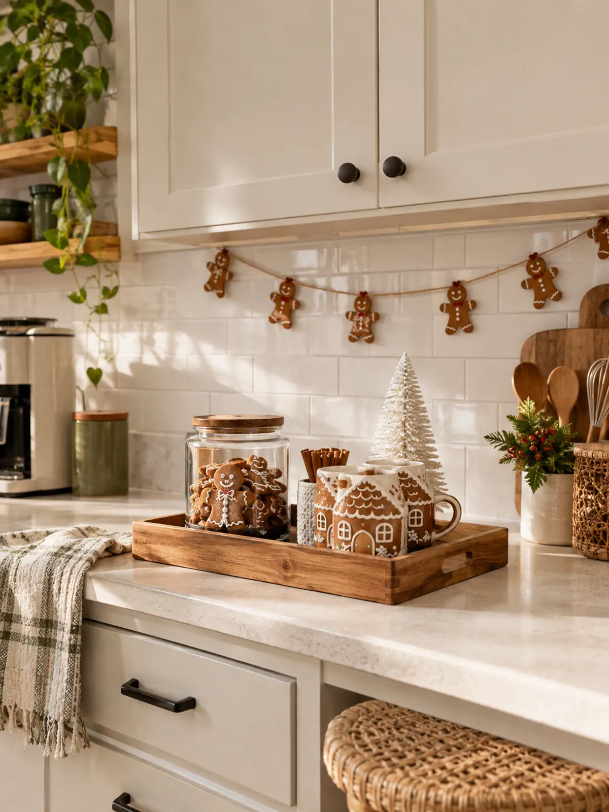 Gingerbread Christmas coffee bar on a small kitchen counter with a wooden tray, a jar of gingerbread cookies, brown and cream mugs and a gingerbread garland