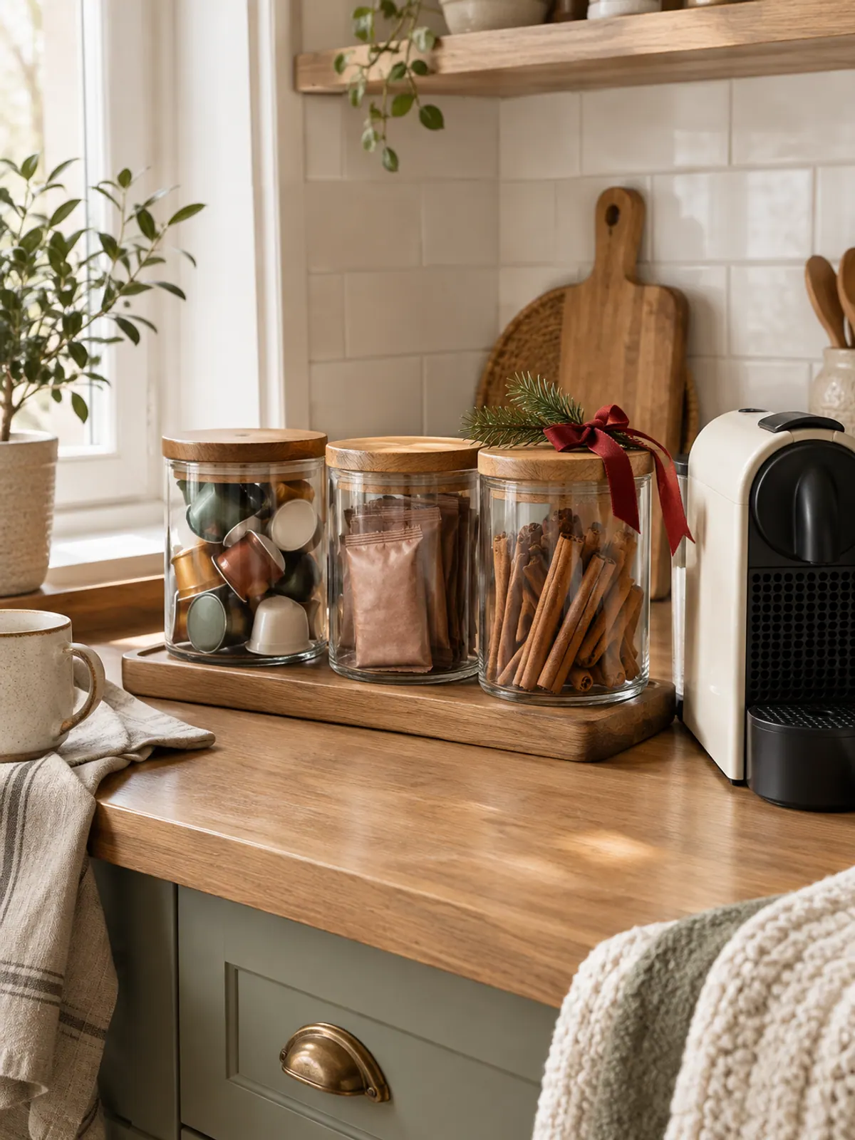 Three clear glass canisters with wooden lids holding coffee pods, cocoa packets and cinnamon sticks on a wooden board beside a small coffee maker