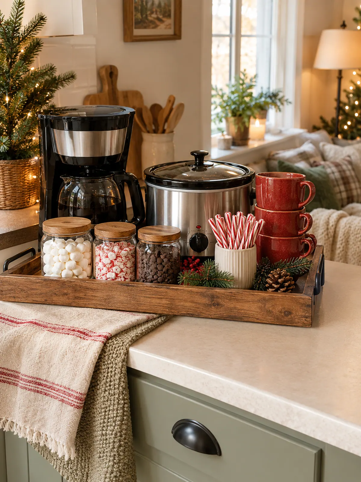 Small kitchen coffee bar with a slow cooker of hot cocoa beside jars of marshmallows, crushed peppermint and chocolate chips and a stack of red mugs