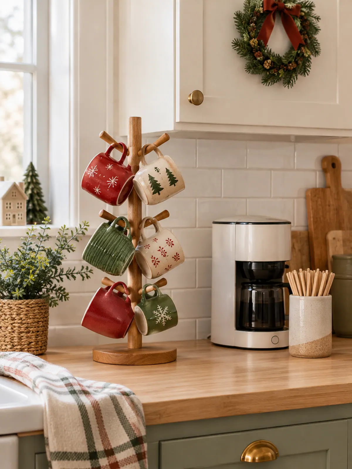 Wooden mug tree holding six red, cream and green holiday mugs next to a small coffee maker and a jar of wooden stir sticks on a kitchen counter