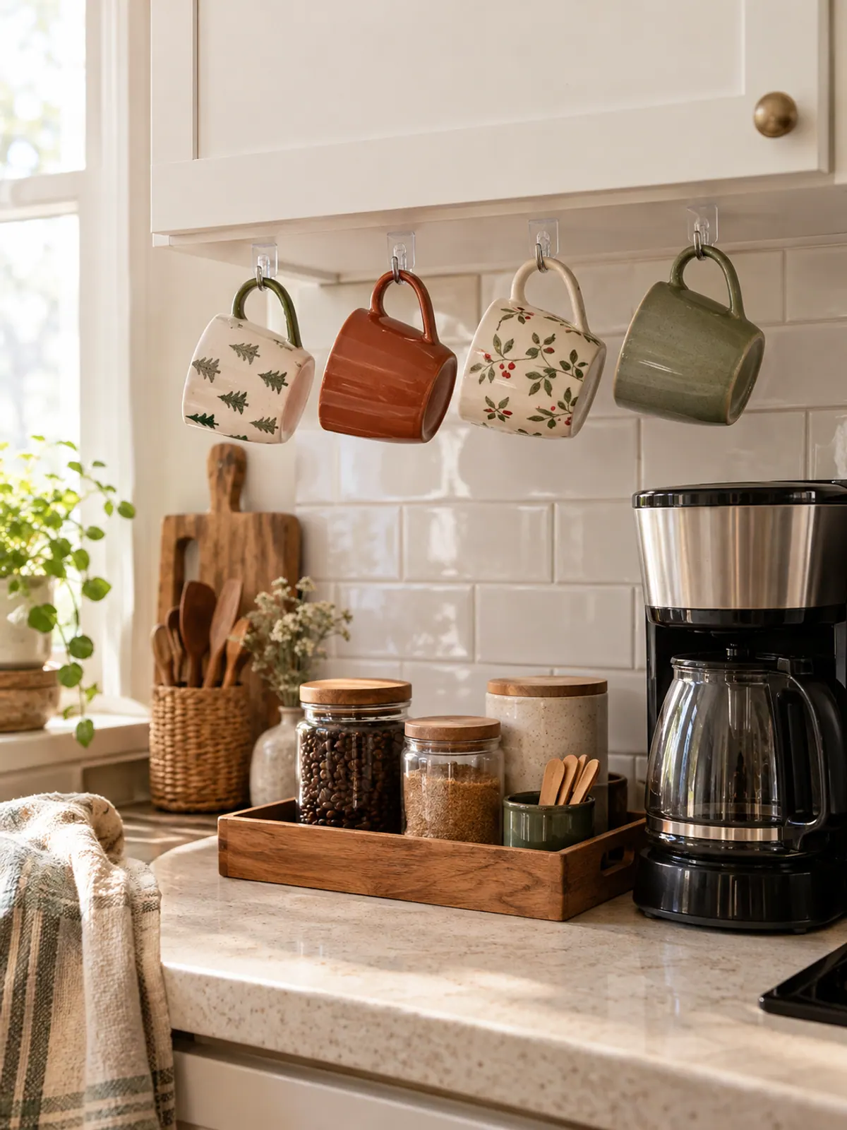 Four holiday mugs hanging from small clear removable hooks under a white upper cabinet above a coffee maker and a tray of coffee jars