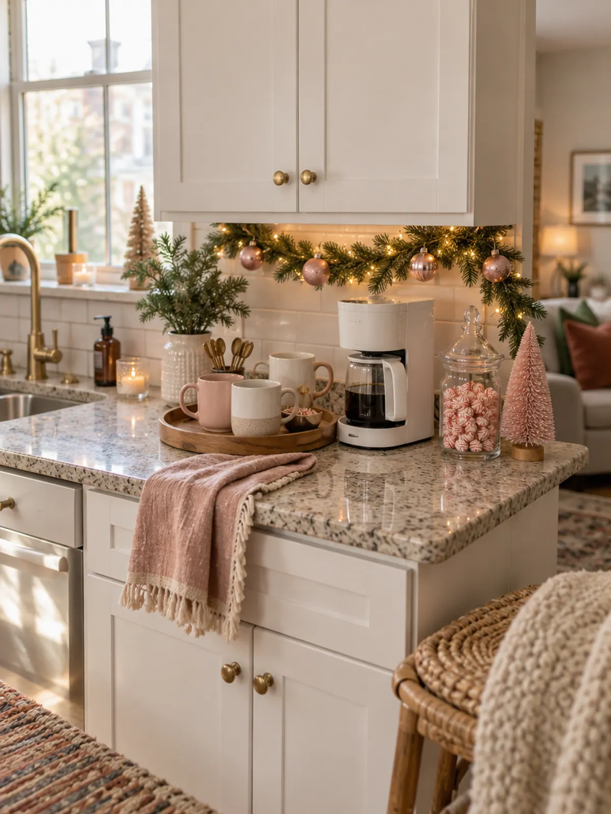 Pink Christmas coffee bar on a small kitchen counter with pale pink and white mugs on a wooden tray, a pink mini bottle-brush tree and a jar of peppermints