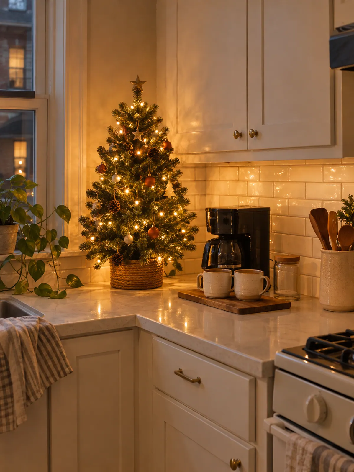 Small pre-lit tabletop Christmas tree glowing in the back corner of a kitchen counter beside a coffee maker and two mugs on a wooden board