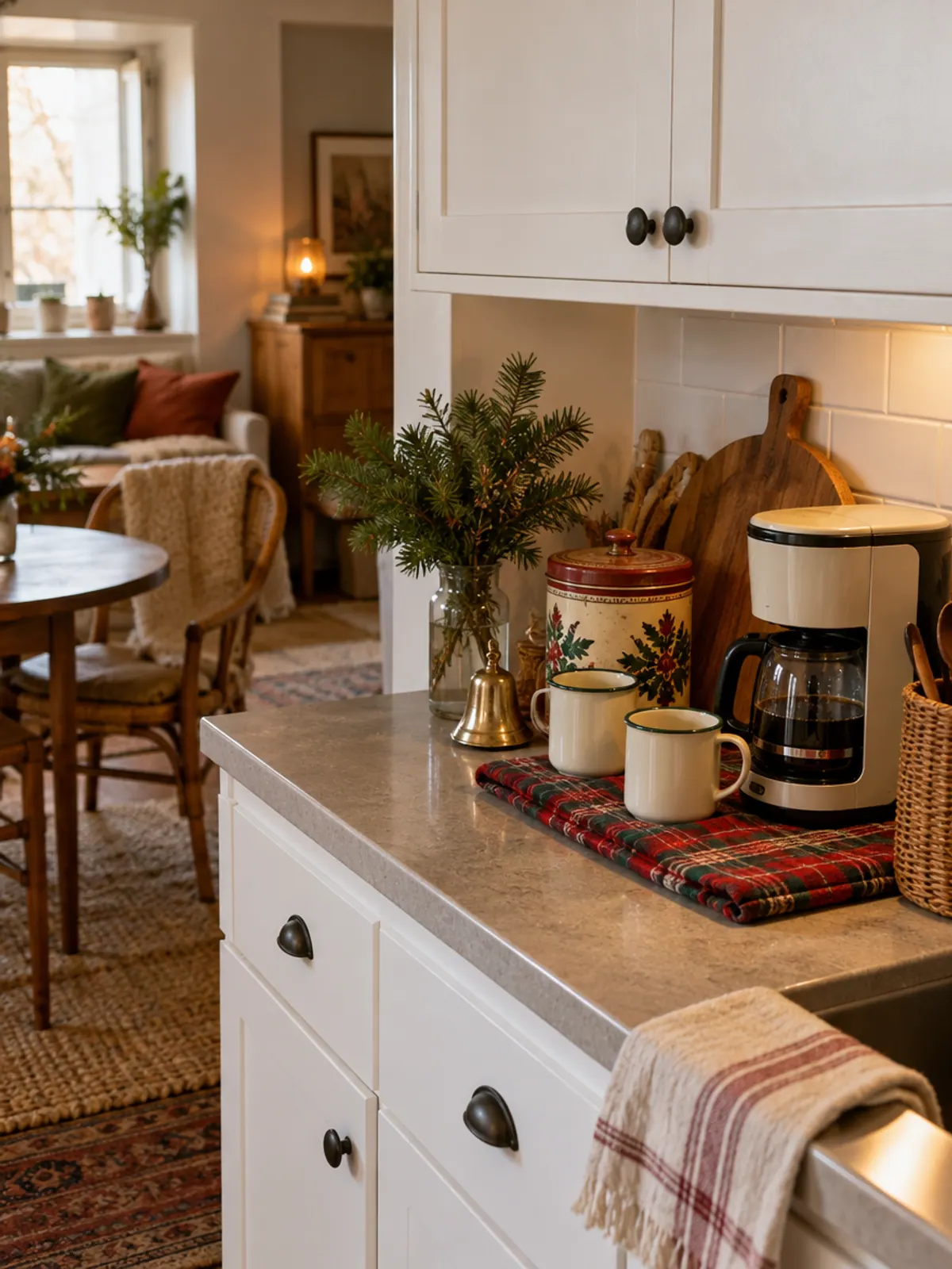 Vintage red plaid Christmas coffee bar with a plaid cloth under a small coffee maker, cream enamel mugs, a vintage tin, a brass bell and a fir sprig