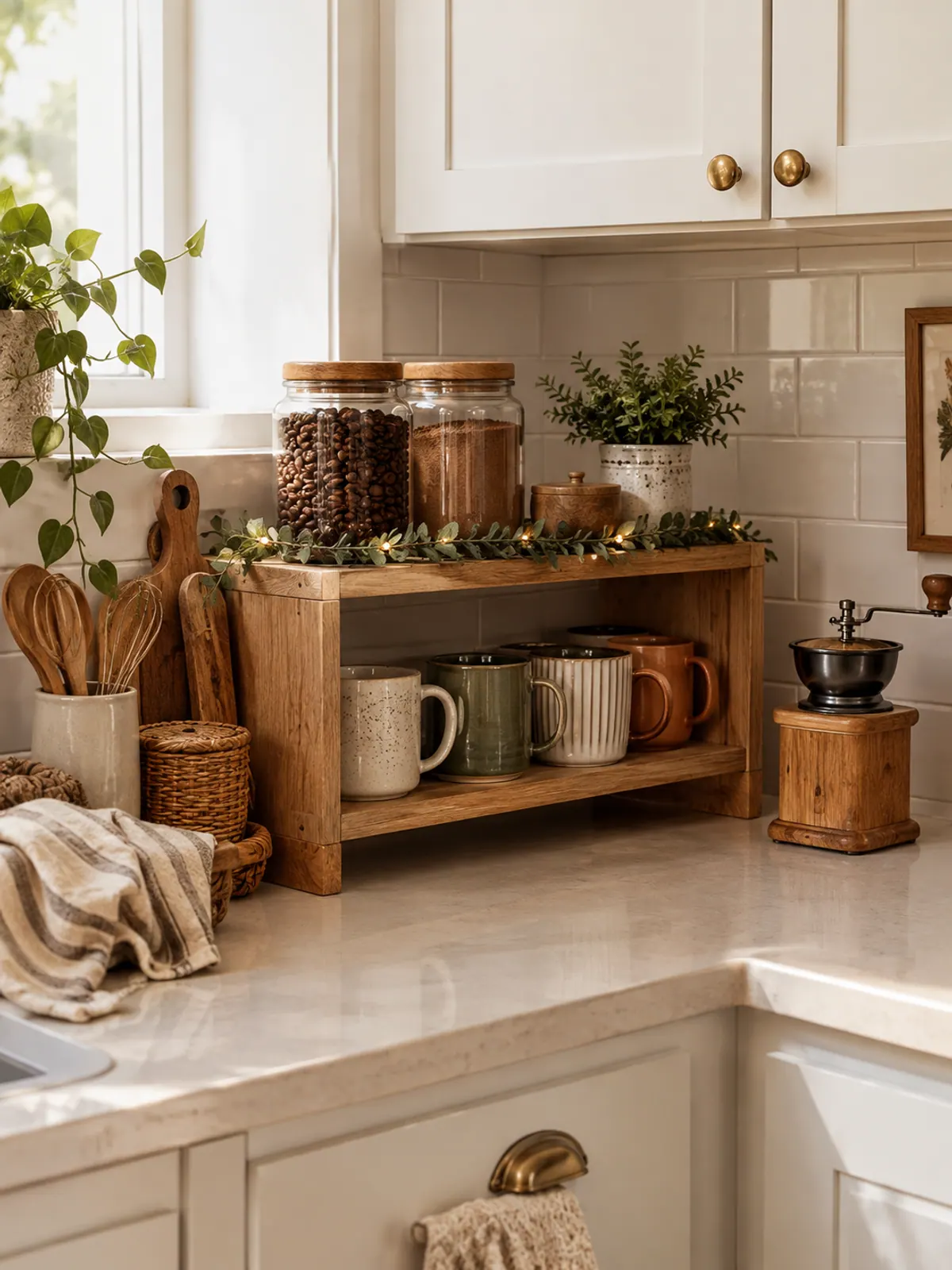 Two-tier wooden counter shelf with jars of coffee beans and cocoa on top and mugs underneath in the corner of a small rental kitchen with a short garland