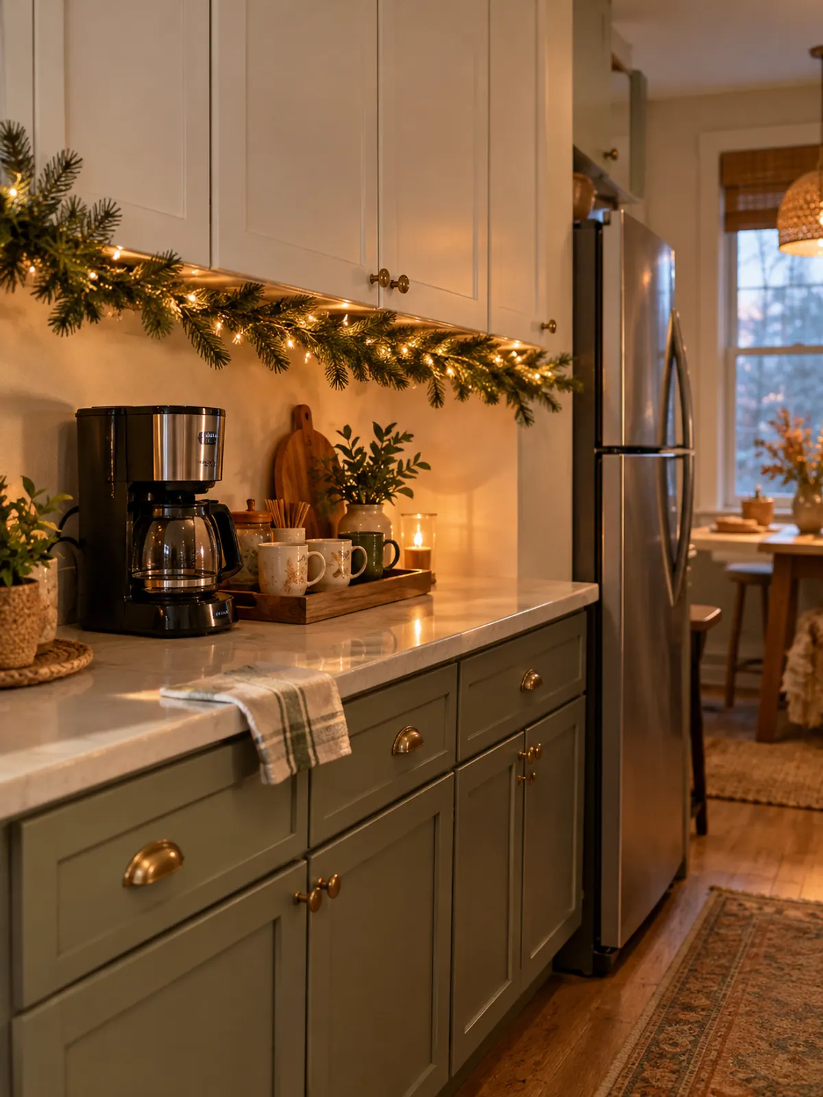 Slim faux pine garland with warm fairy lights running along the bottom edge of white upper kitchen cabinets above a coffee station