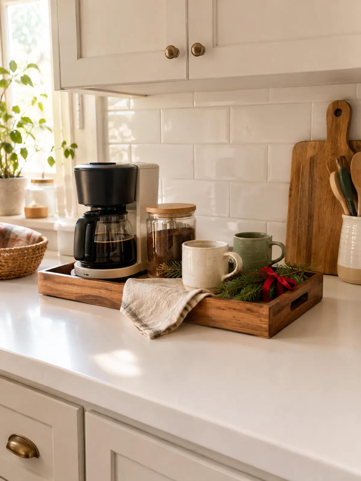 Rectangular wooden tray holding a small coffee maker, a coffee jar, two mugs and a pine sprig on a white laminate counter in a small rental kitchen