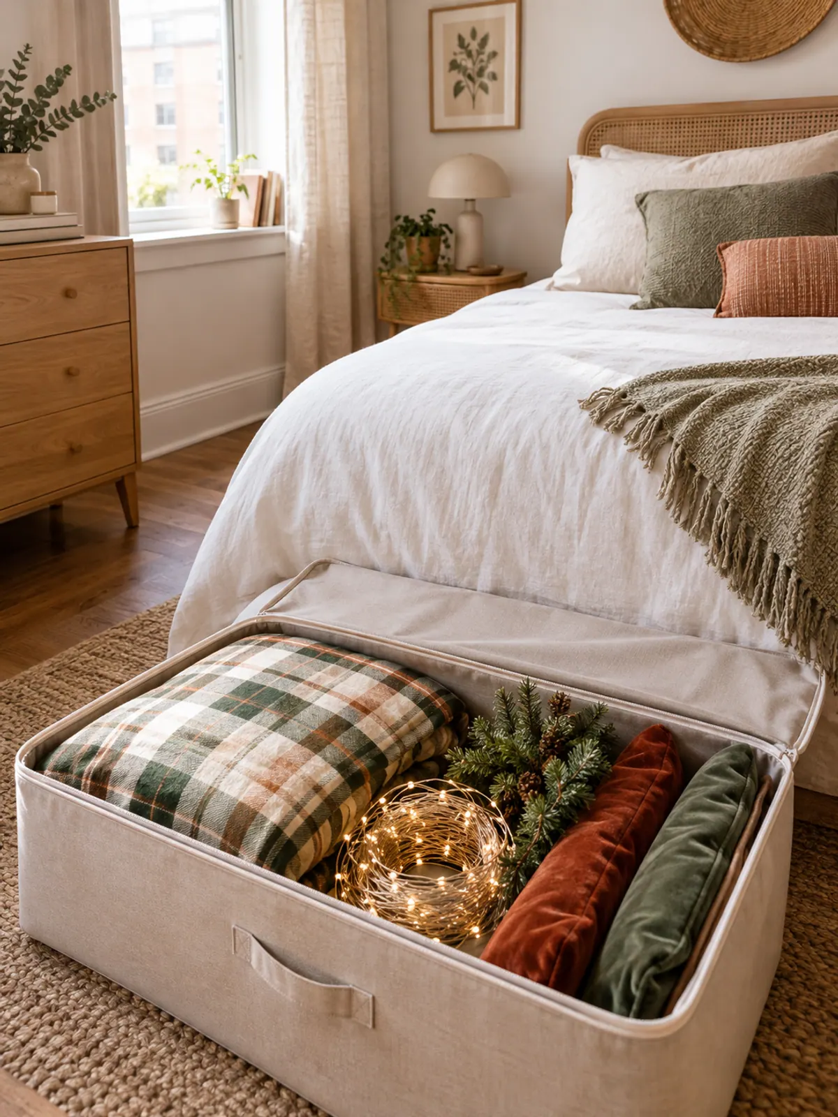 Lidded fabric storage box at the foot of a bed being packed with a folded plaid duvet cover, coiled fairy lights, velvet pillow covers and a small garland