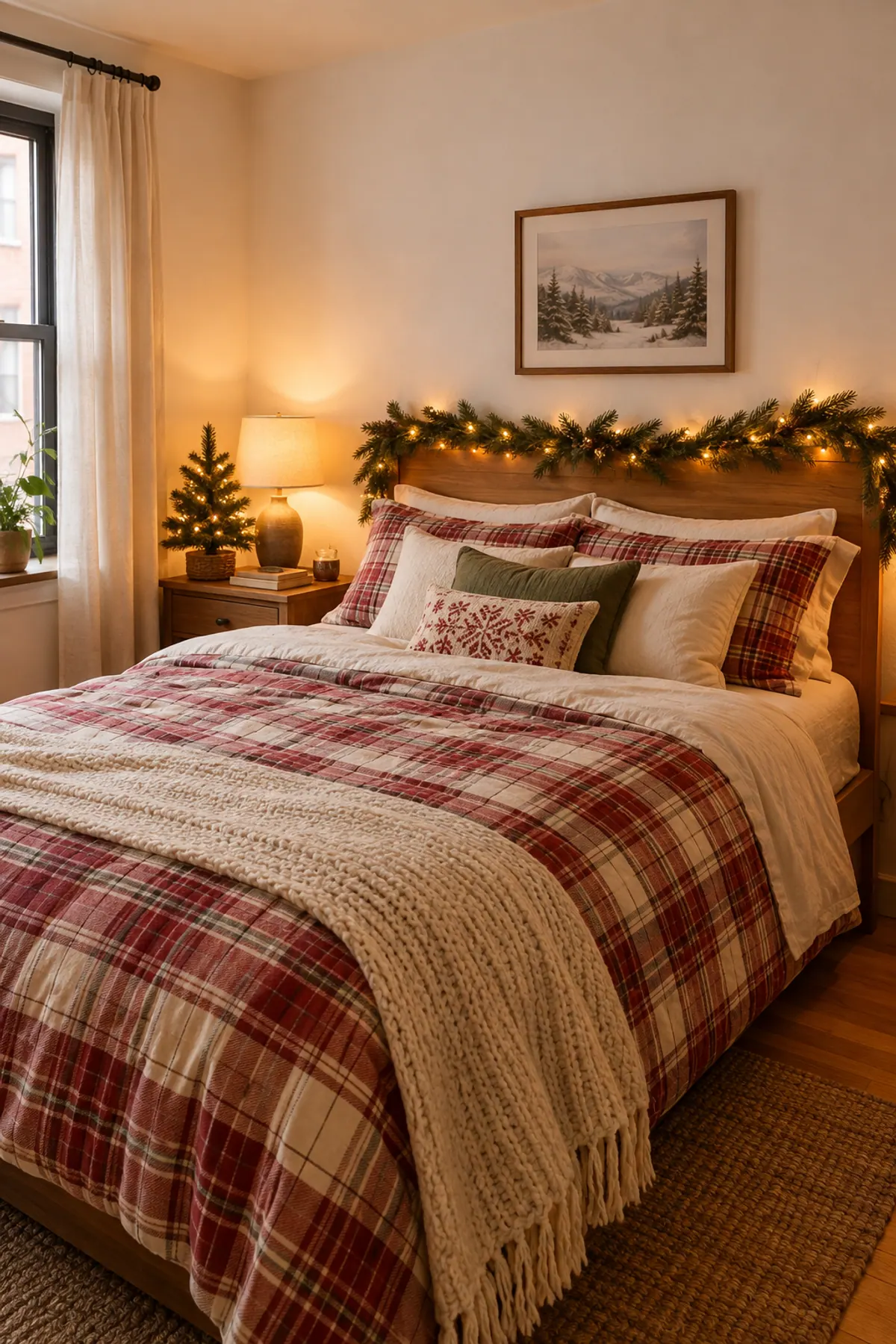 Christmas decor ideas for a small bedroom: a plaid duvet and knit throw on a full bed, pine garland with fairy lights tied to the headboard and a tabletop tree on the nightstand