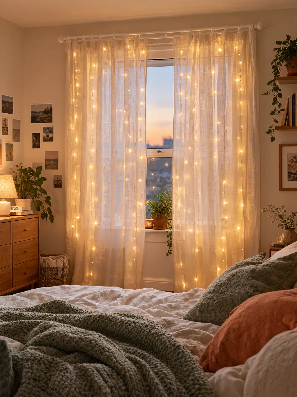 Warm white curtain fairy lights glowing behind sheer linen curtains on a slim rod at a bedroom window at dusk