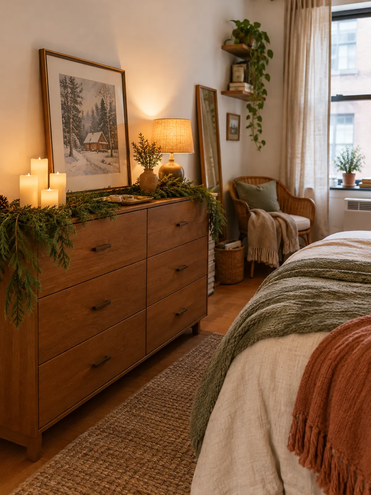Wooden dresser in a small bedroom with a cedar garland across the top, three pillar candles, a small lamp and a framed winter print leaning on the wall