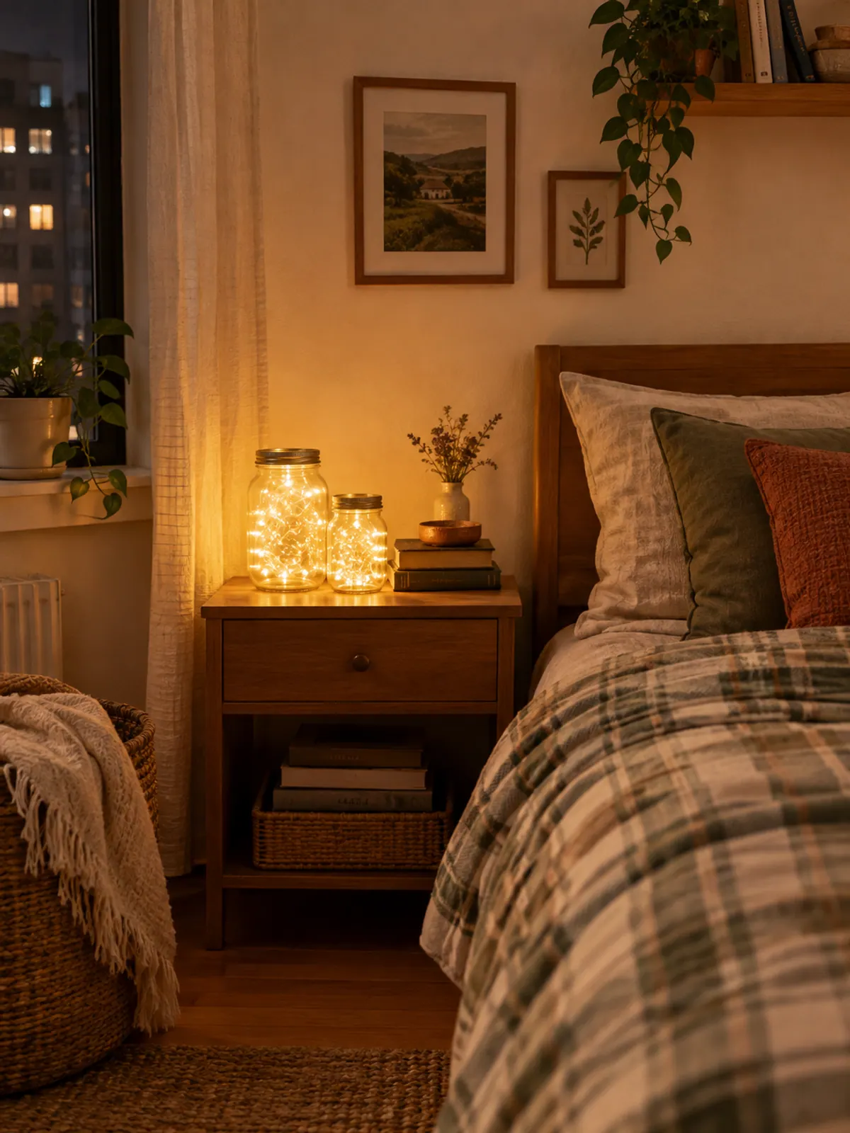 Two glass jars filled with glowing warm white battery fairy lights on a wooden nightstand beside a bed with a plaid blanket and a stack of books