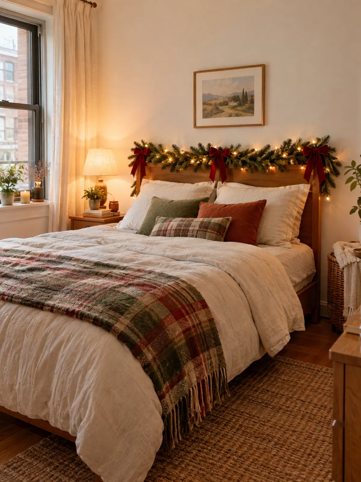 Faux pine garland with warm fairy lights tied to the top of a simple wooden headboard with red velvet ribbon bows above cream bedding