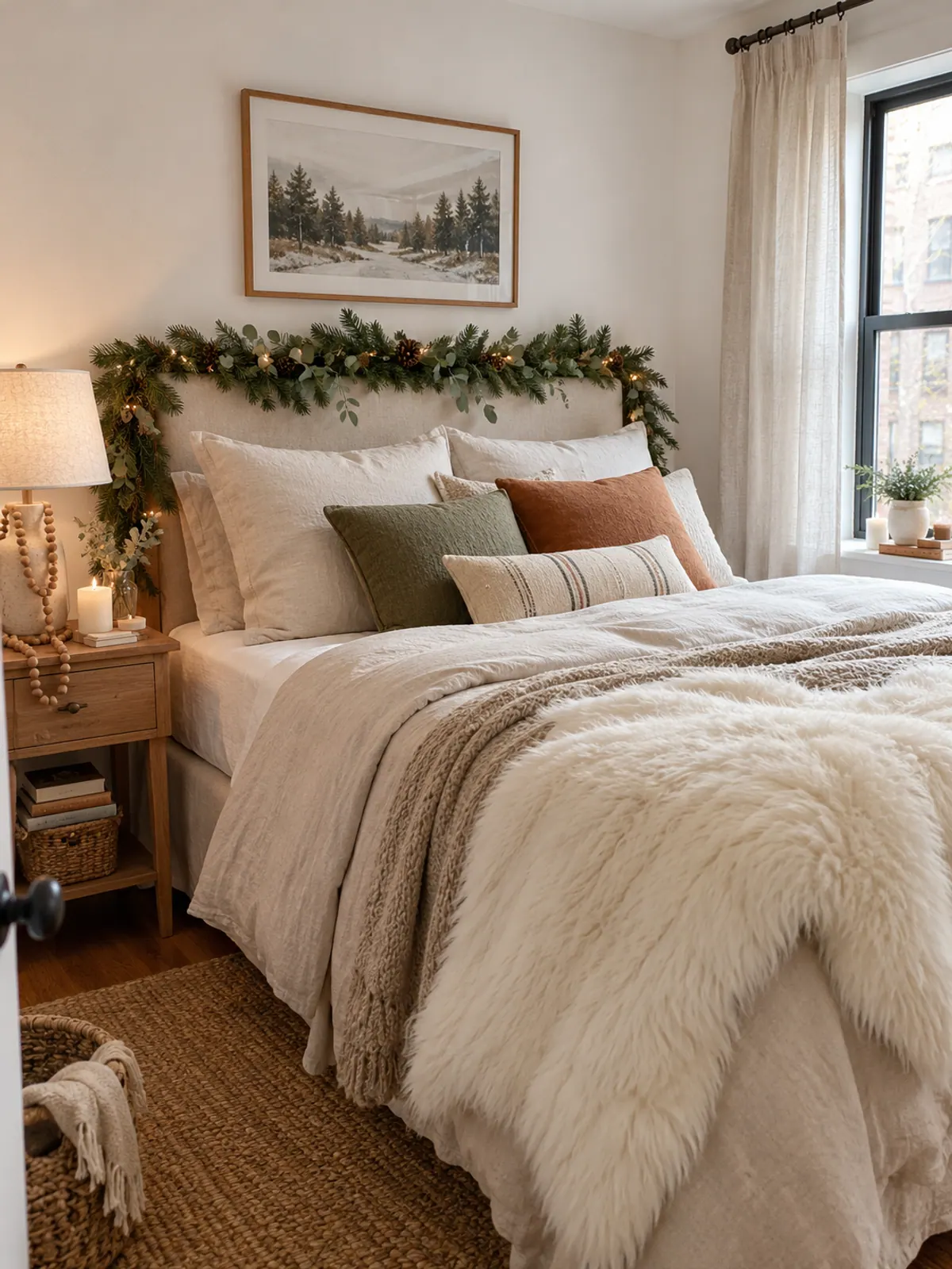 Neutral Christmas bedroom with cream and oatmeal bedding, a white faux fur throw, a lit pine garland on the headboard and a wood bead garland on the nightstand