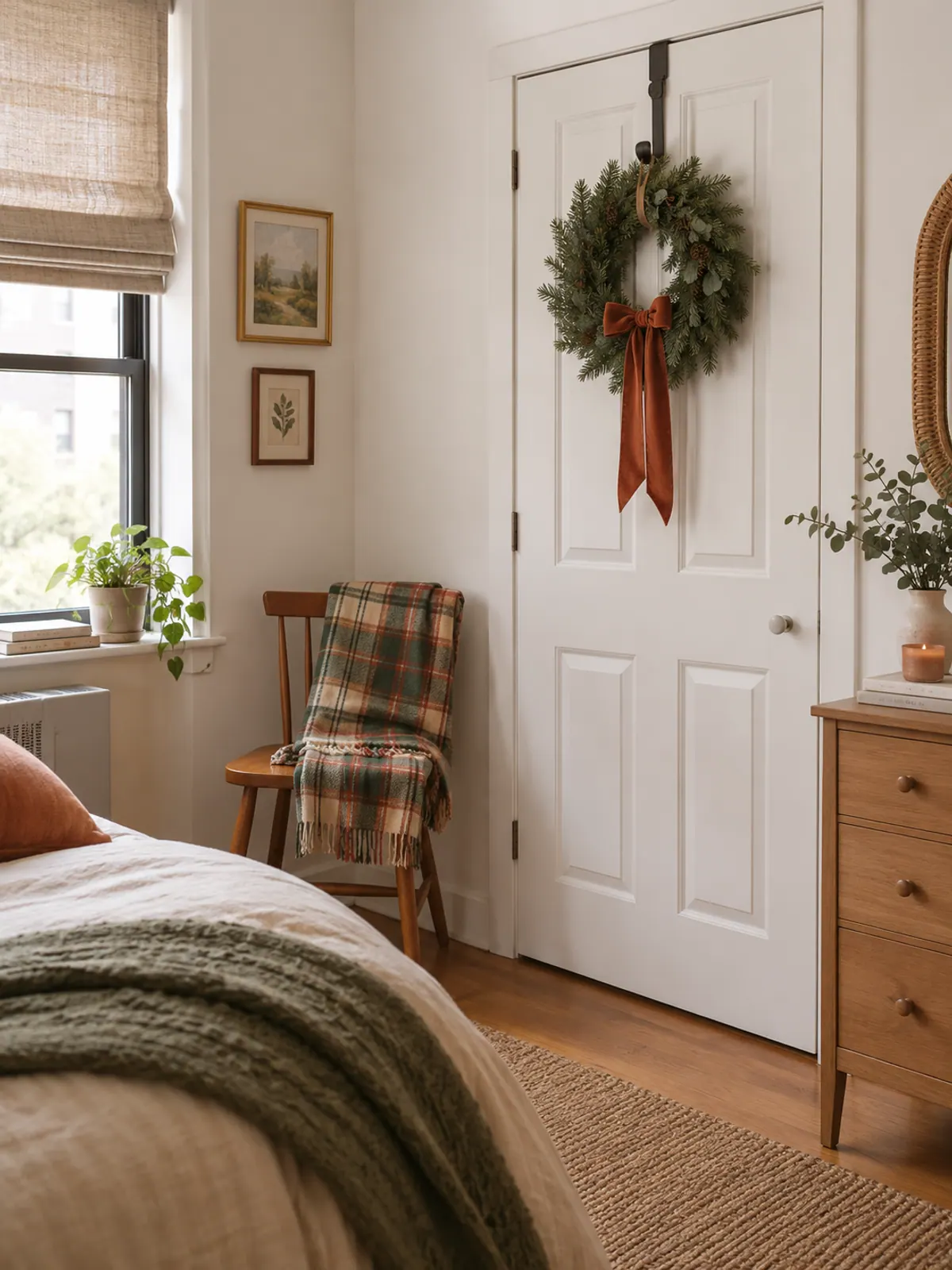 Small faux pine wreath with velvet ribbon hanging on a white closet door from an over-the-door hanger next to a chair with a folded plaid throw