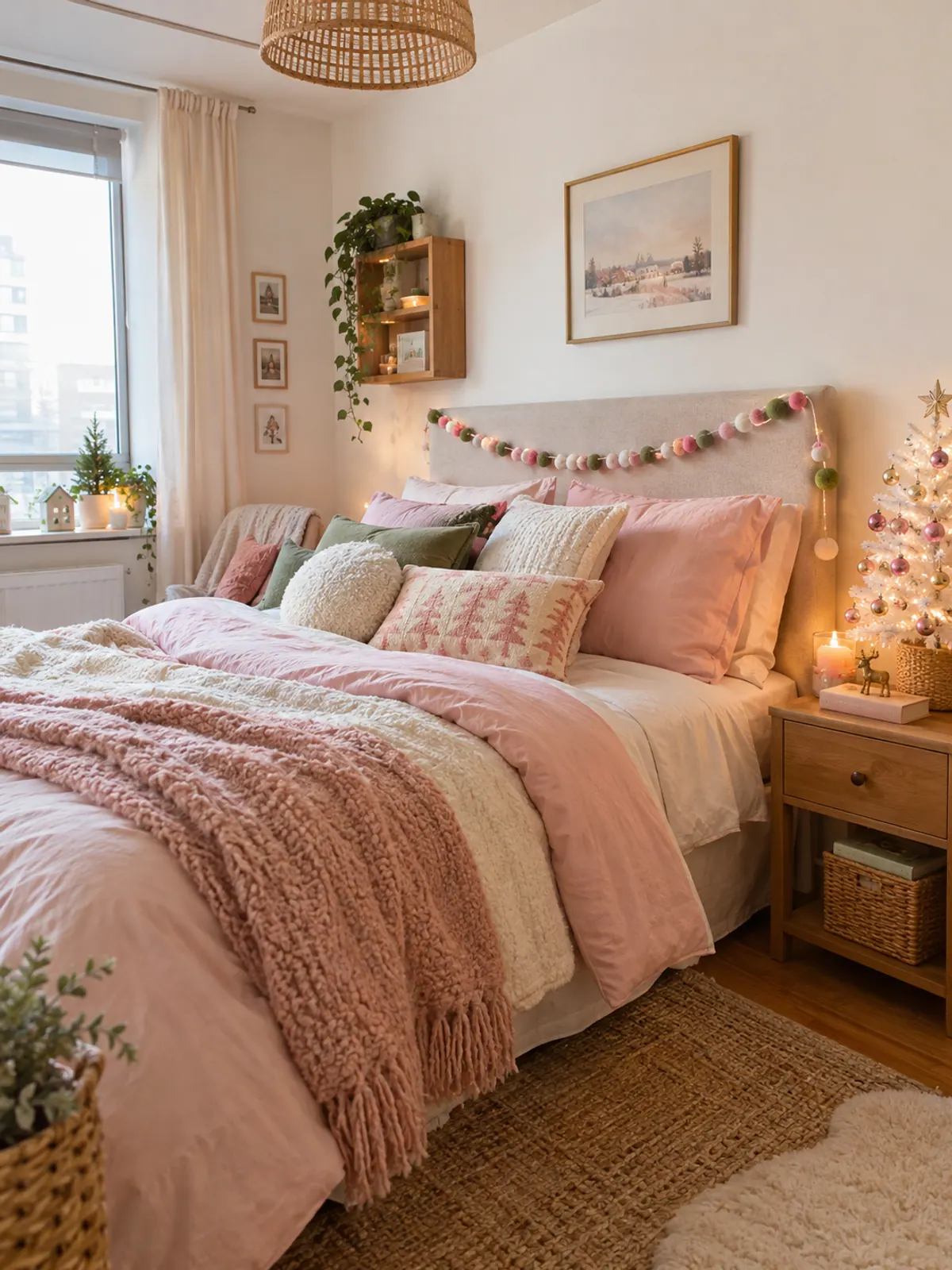 Whimsical pink Christmas bedroom with blush and cream bedding, a small white tree with pink and gold ornaments and a pom pom garland on the headboard