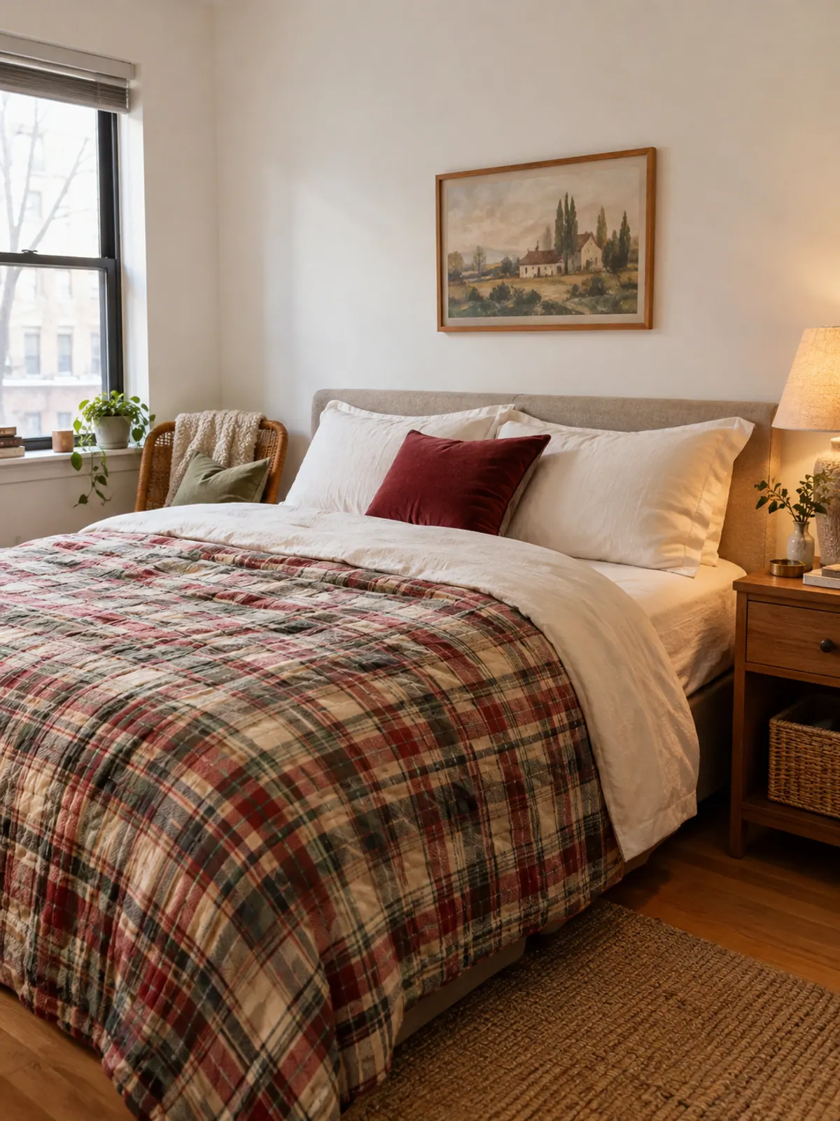 Queen bed in a small bedroom made with a red, green and cream plaid duvet cover folded back over cream sheets with a deep red velvet pillow