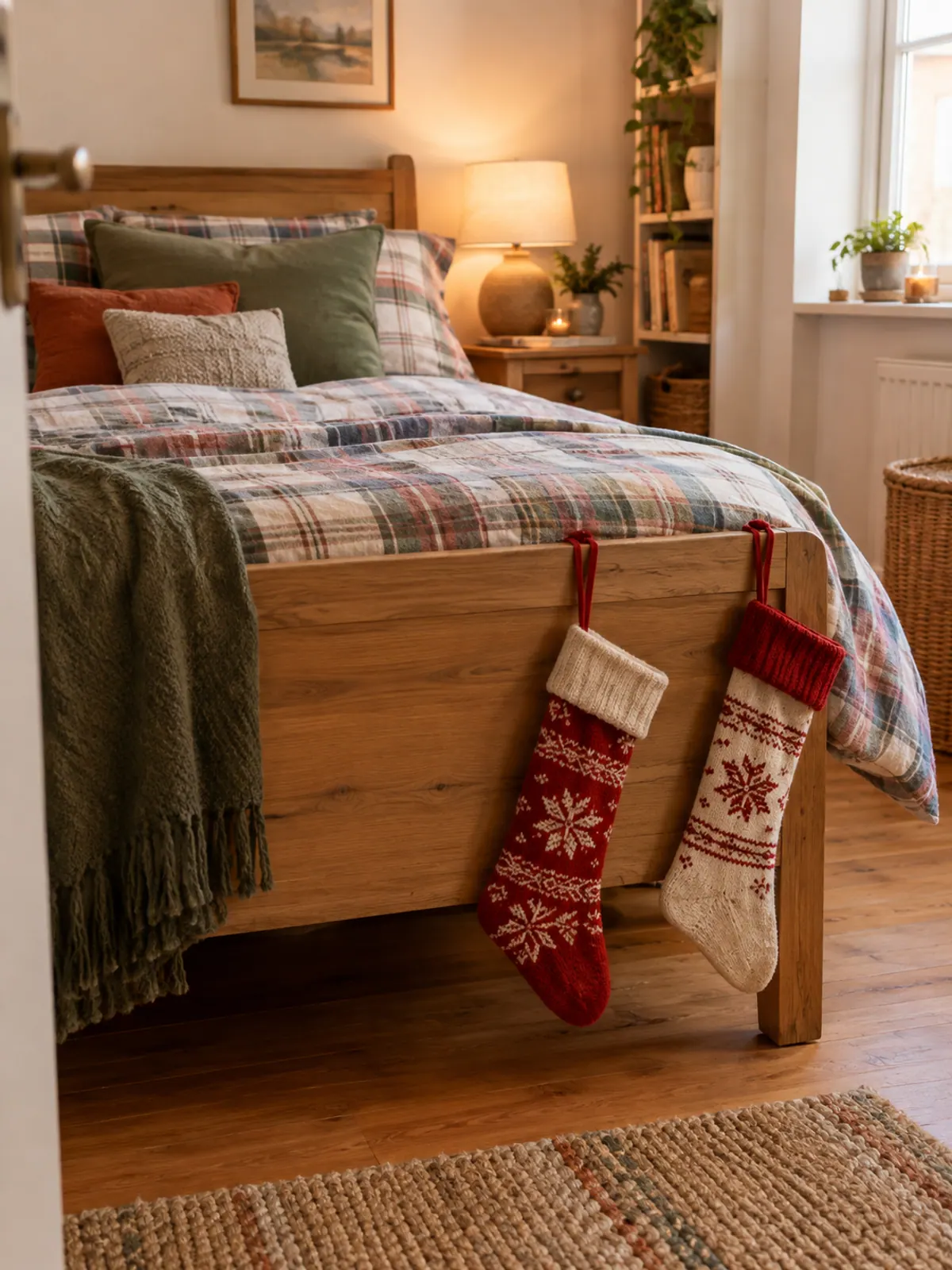 Two knit Christmas stockings in red and cream hanging by ribbon loops from a wooden footboard at the end of a bed with a plaid duvet