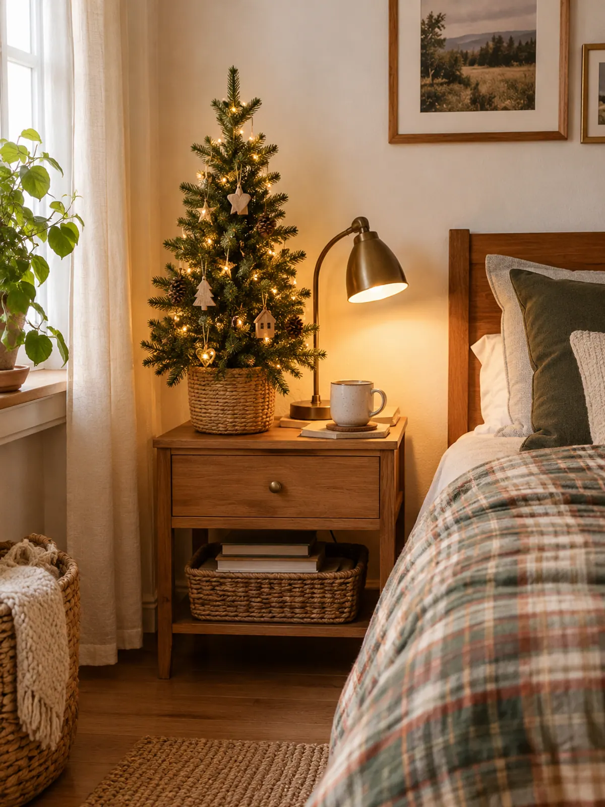 Two-foot tabletop Christmas tree with warm lights and wooden ornaments in a woven basket on a wooden nightstand beside a reading lamp and a mug