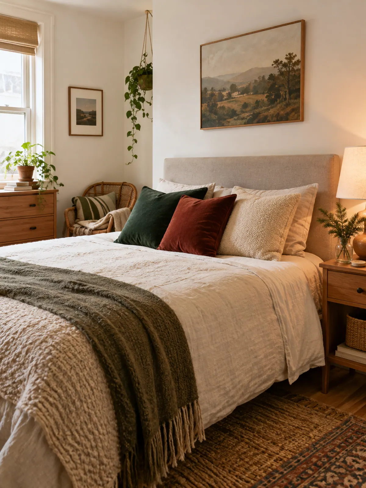 Neatly made bed with a white duvet, deep green and burgundy velvet pillow covers, a cream textured pillow and a green knit throw against an upholstered headboard