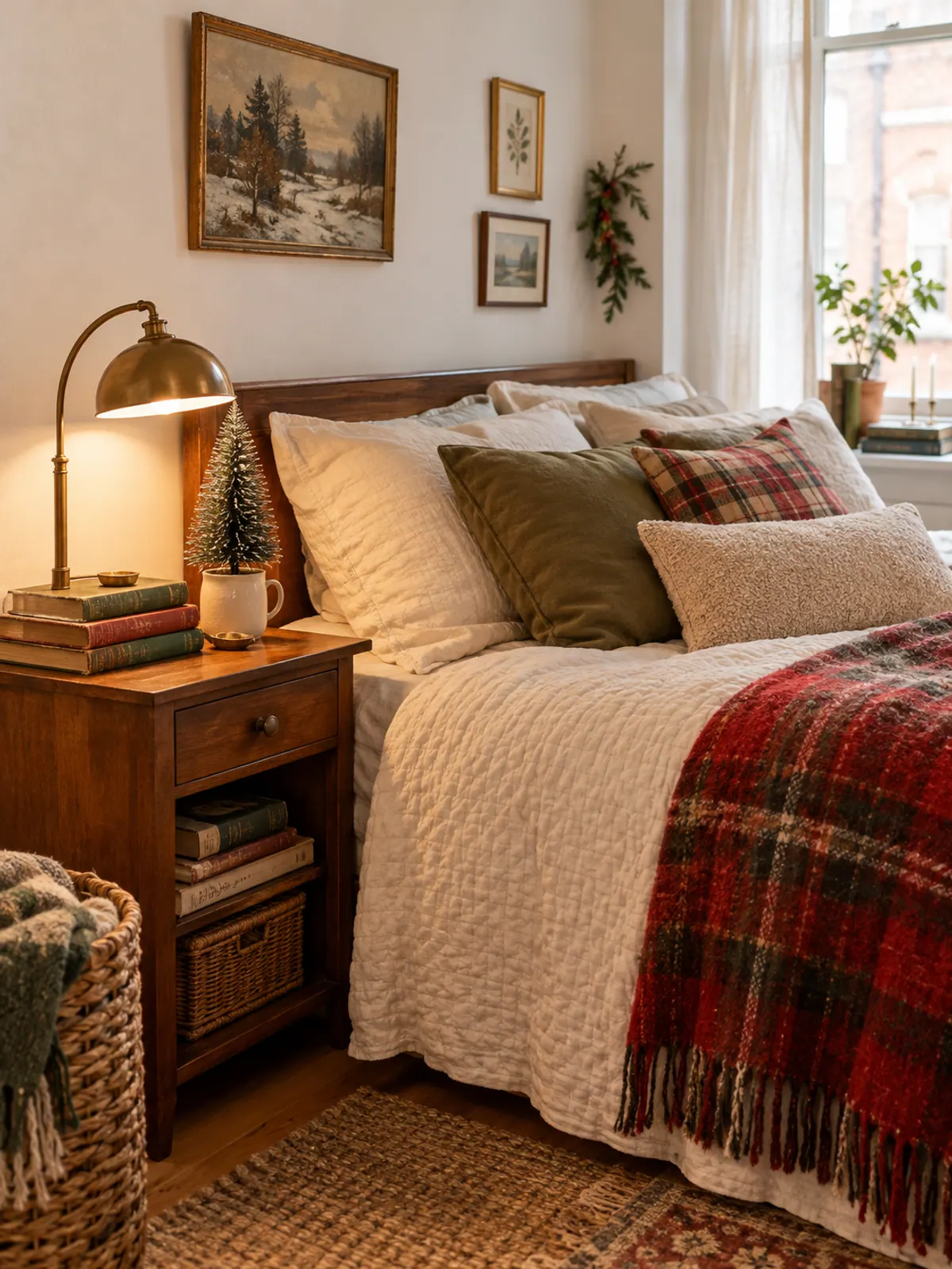 Vintage-inspired Christmas bedroom with a cream quilt, a red plaid wool blanket, a thrifted brass lamp, old books and a bottle-brush tree in a ceramic pot