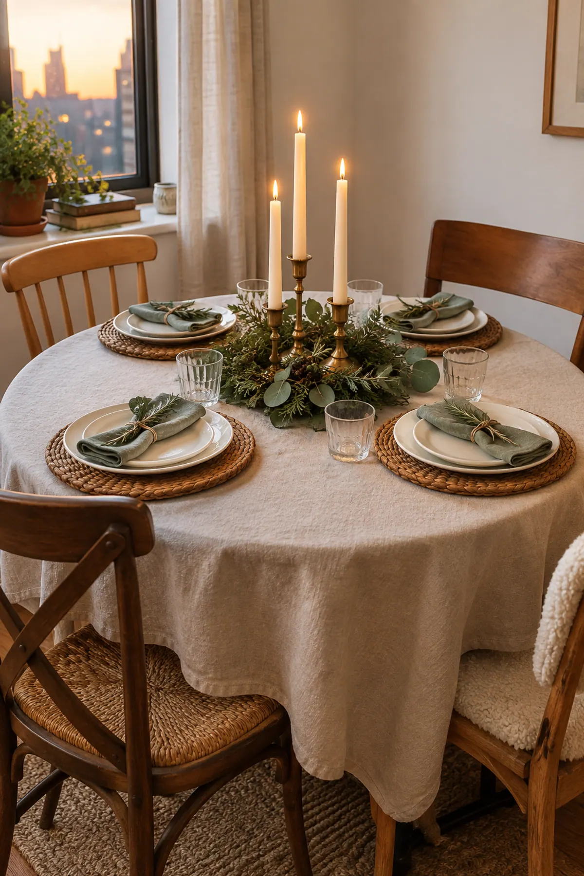 Christmas table decor on a small round table set for four: linen tablecloth, a low cedar and eucalyptus ring around taper candles, rattan chargers and sage napkins