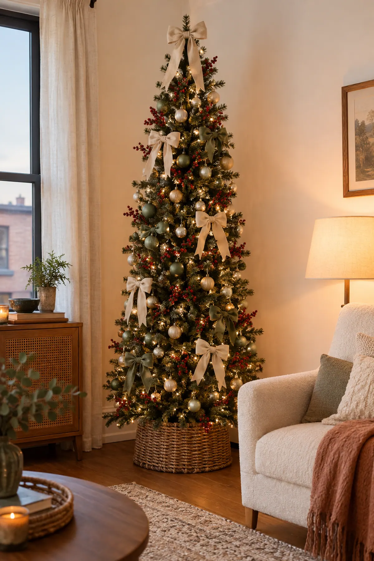 Christmas tree ideas 2026 trends on a slim pencil tree in a small apartment corner: oversized cream and sage velvet bows, red berry picks, sage and pearl ornaments and warm lights in a woven basket collar