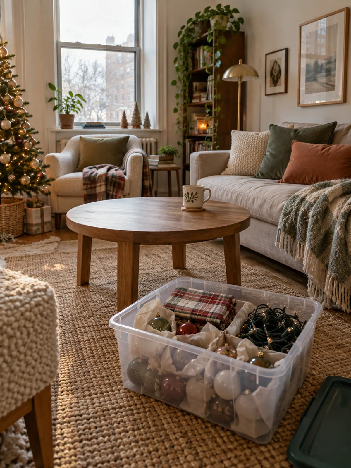 Clear storage bin on a living room rug being packed with wrapped ornaments, coiled fairy lights and plaid napkins after Christmas in a small apartment