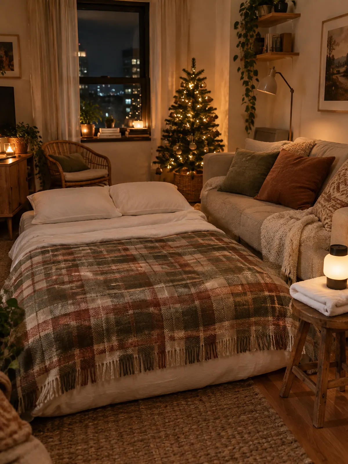 Queen air mattress made up with white sheets and a plaid blanket on the floor of a small apartment living room beside the sofa with a stool as a nightstand