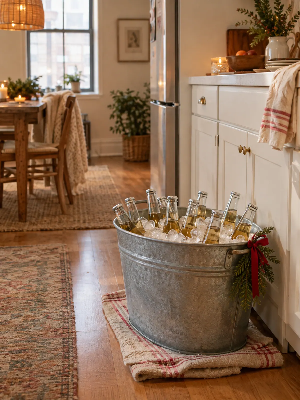 Galvanized beverage tub filled with ice and plain bottles on a towel on the floor of a small apartment kitchen with a red ribbon on the handle