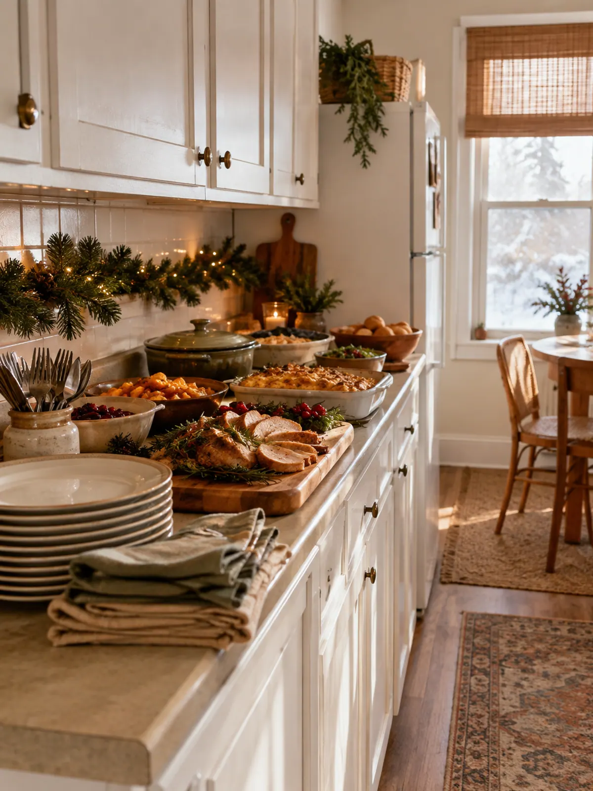 Christmas buffet on a short laminate kitchen counter in a small apartment with a serving board, covered dishes and a stack of plates at the start