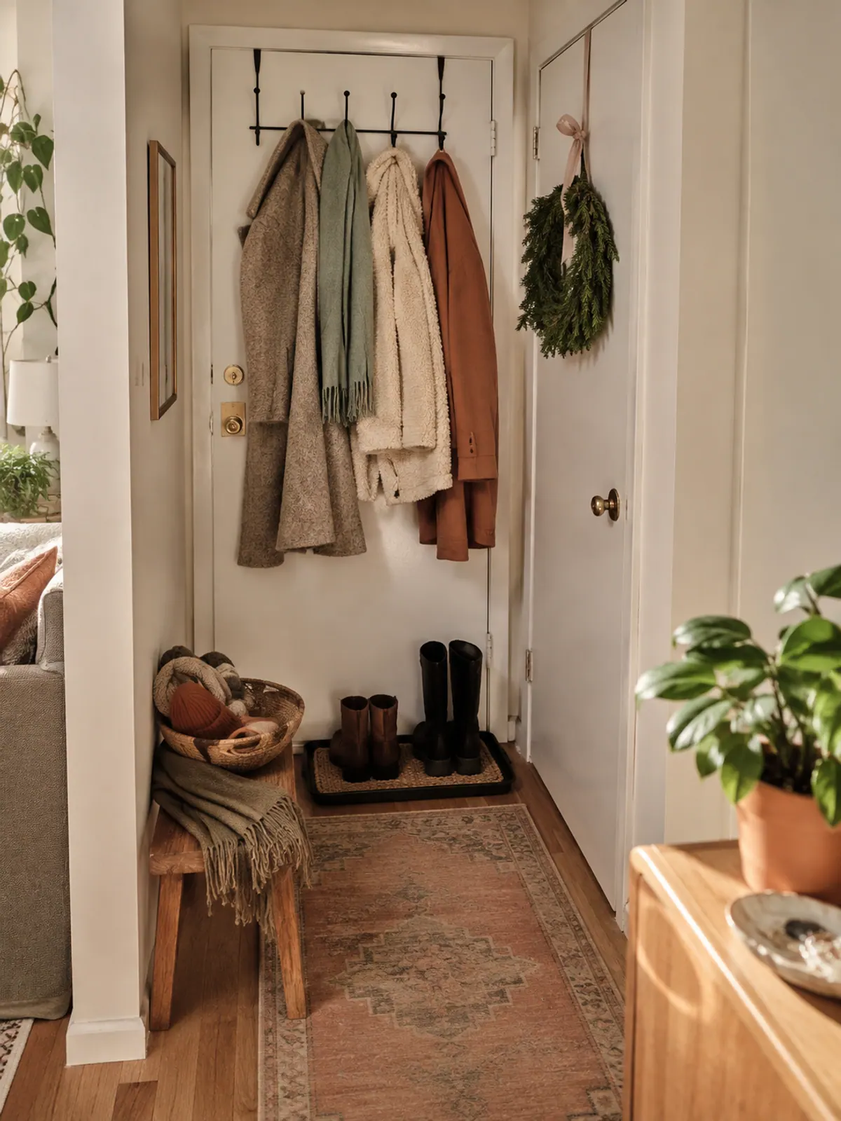 Over-the-door hook rack holding wool coats on the back of a small apartment front door with a boot tray and a slim bench in the entry