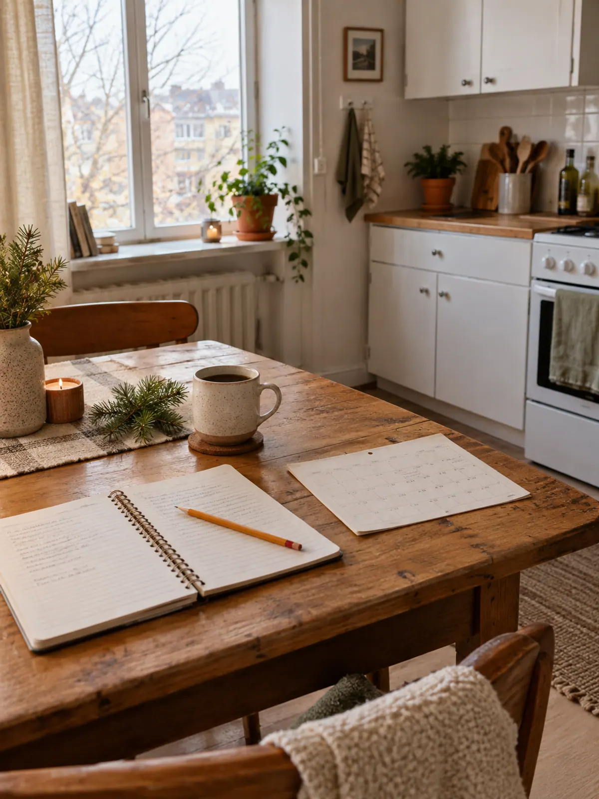 Open spiral notebook, pencil and a paper calendar on a wooden kitchen table with a mug of coffee and a pine sprig in a small apartment kitchen
