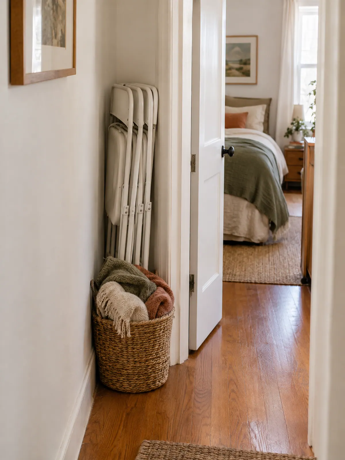 Four white folding chairs leaning folded behind an open bedroom door in a small apartment hallway next to a basket of throw blankets