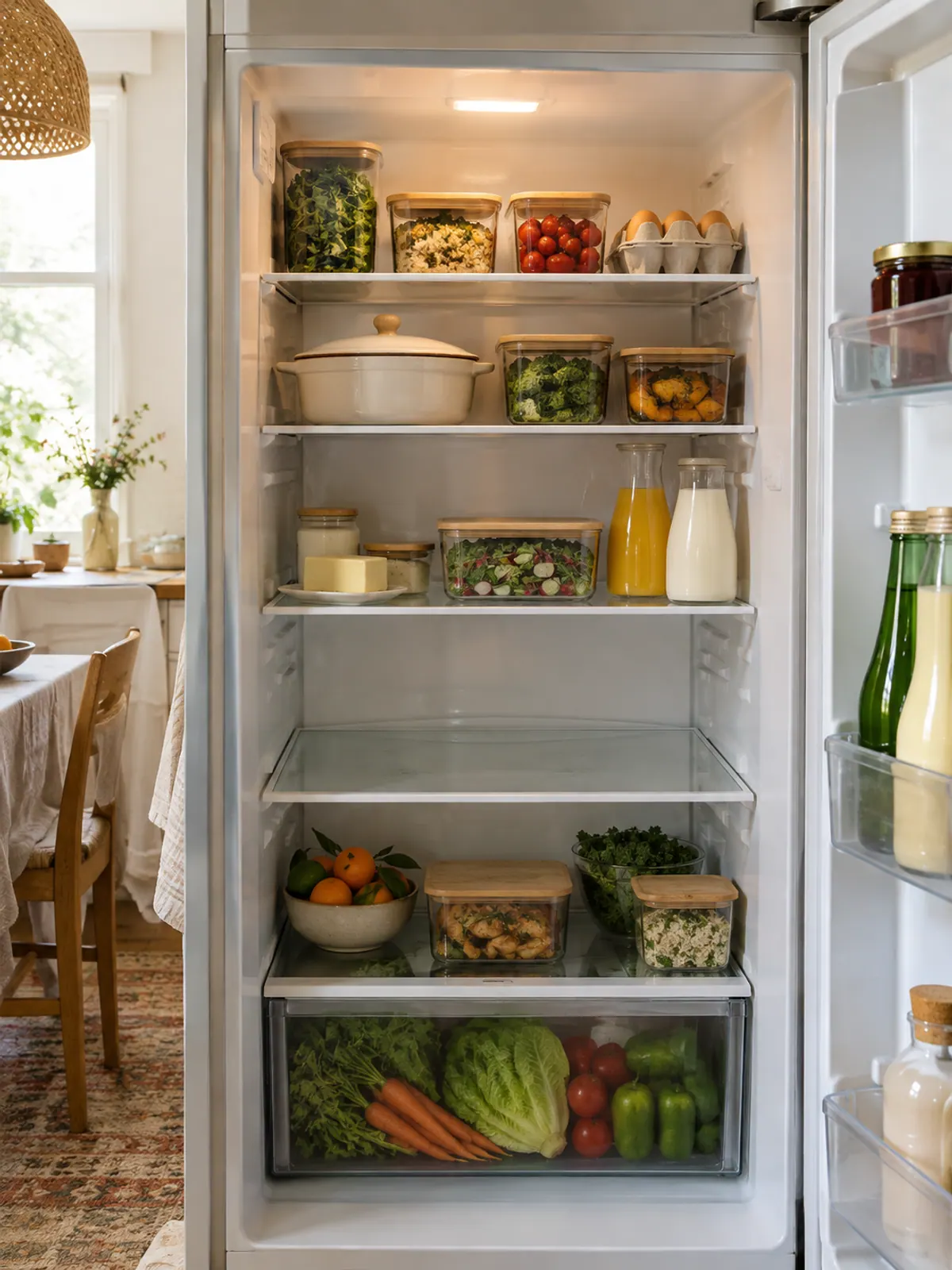 Open refrigerator in a small apartment kitchen with one shelf cleared and wiped clean and the other shelves neatly packed with containers and drinks