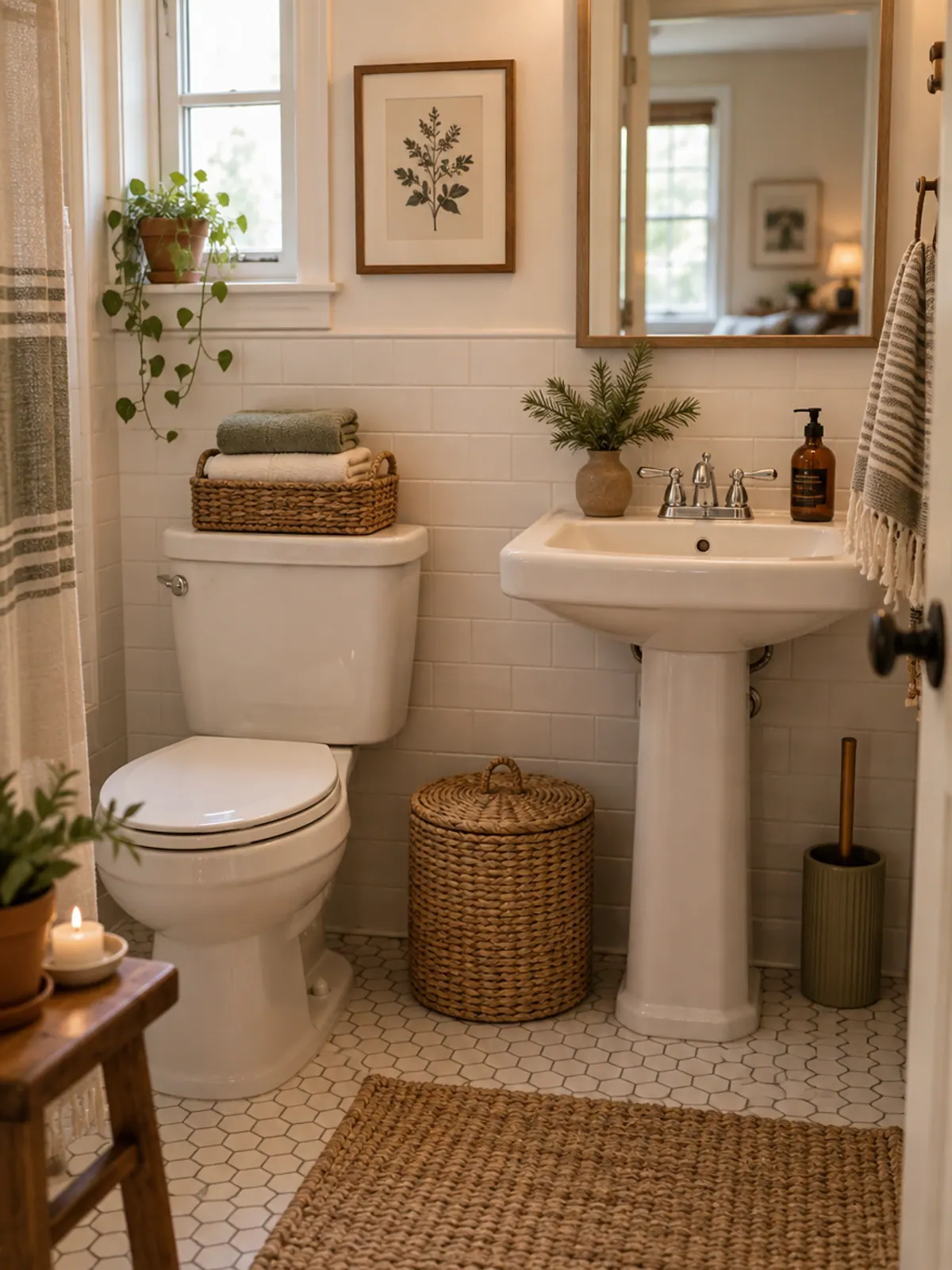 Small rental bathroom ready for holiday guests with hand towels in a basket, spare toilet paper, pump soap and pine sprigs on the pedestal sink