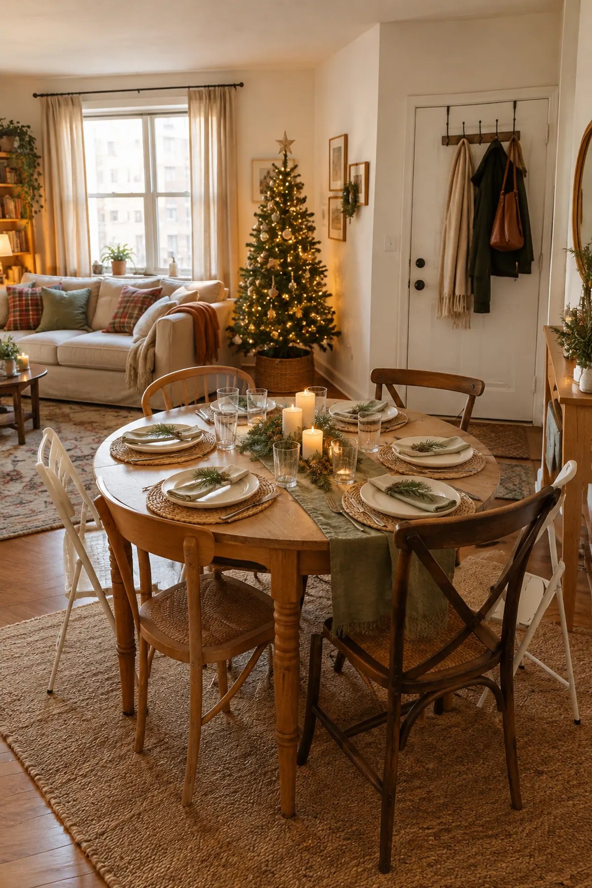 Small apartment set up with a hosting Christmas checklist in mind: a round dining table set for six with two folding chairs, a lit tree in the corner and coats on an over-the-door rack