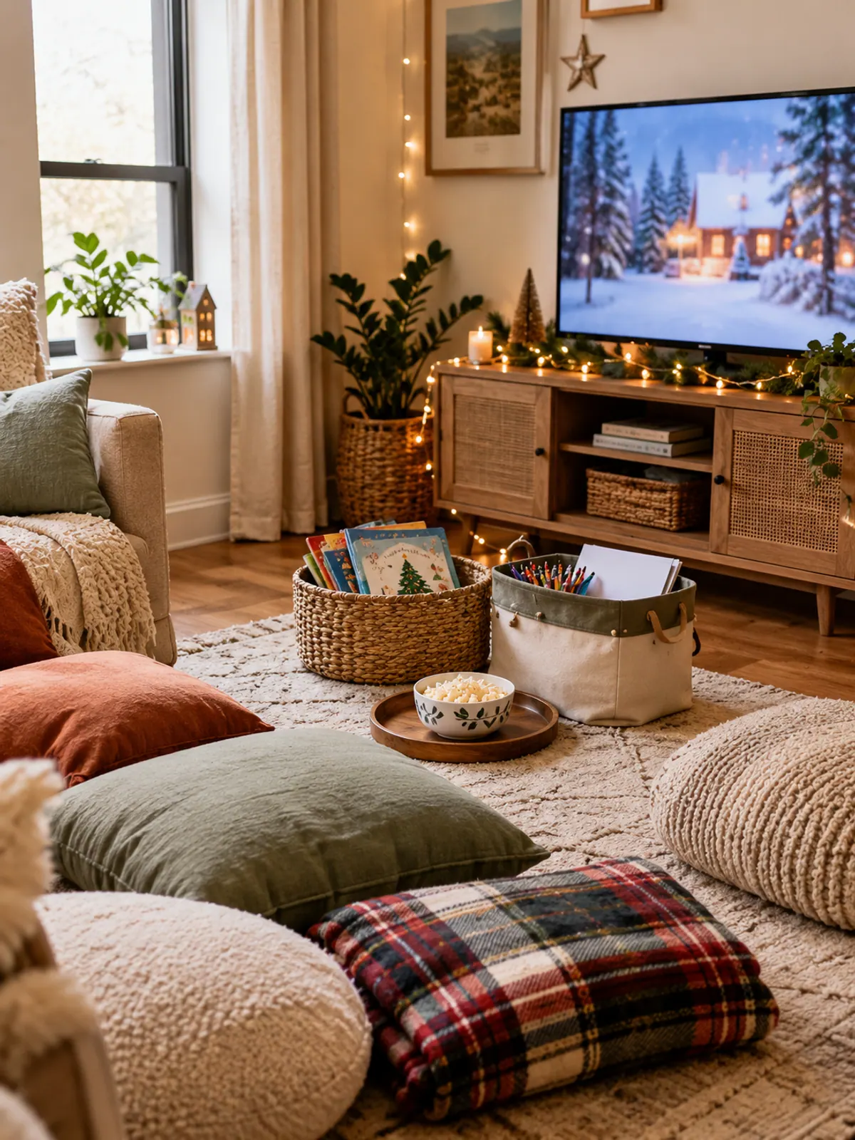 Corner of a small apartment living room set up as a kids' Christmas movie nook with floor cushions, a plaid blanket, picture books and fairy lights