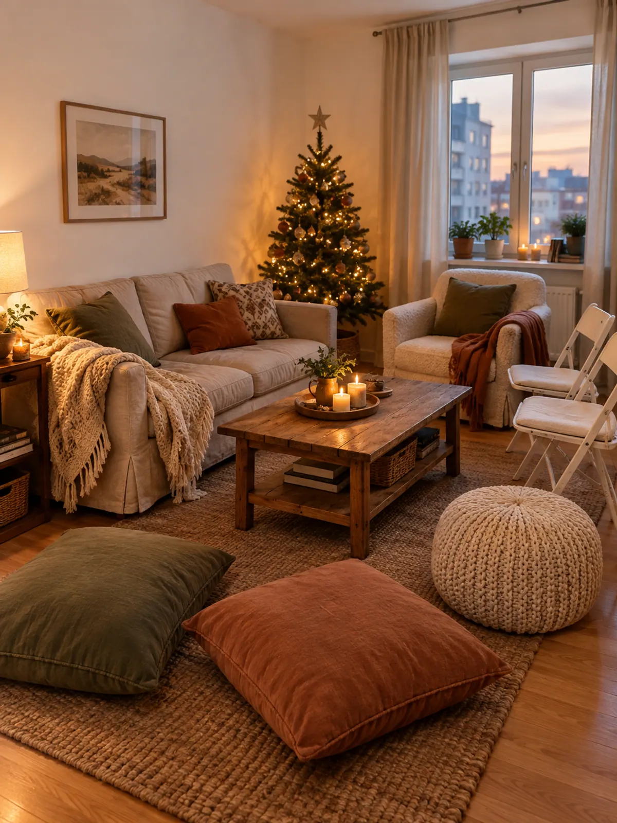 Small apartment living room arranged for Christmas guests with a two-seat sofa, floor cushions, a pouf and two folding chairs around a wooden coffee table