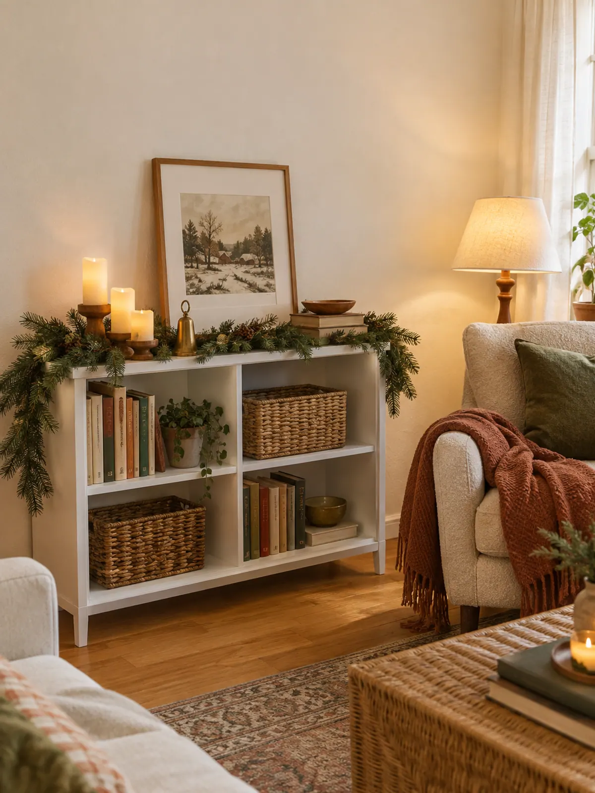 Low white bookcase in a small apartment styled for Christmas with a faux pine garland, flameless candles, a brass bell and books beside a linen armchair