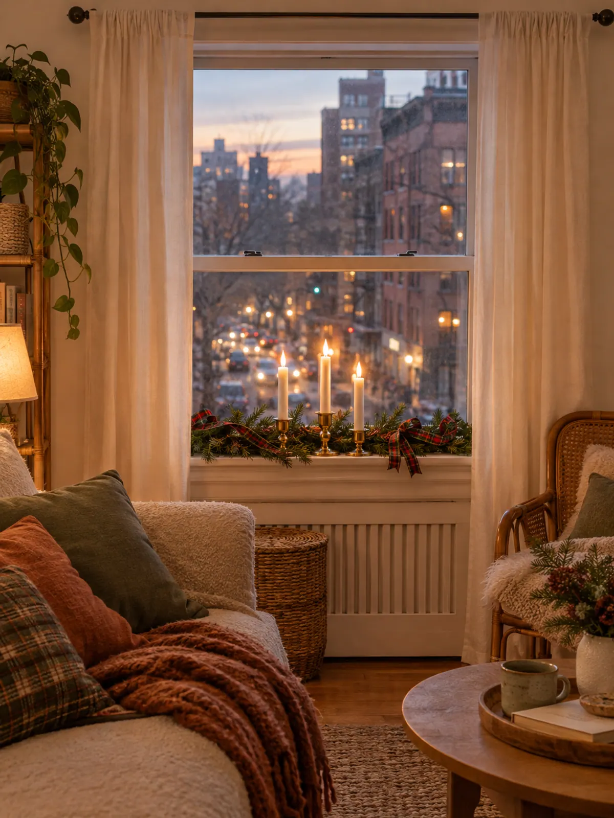 Three battery window candles with brass finish glowing on a small apartment windowsill with fir garland and tartan ribbon at dusk