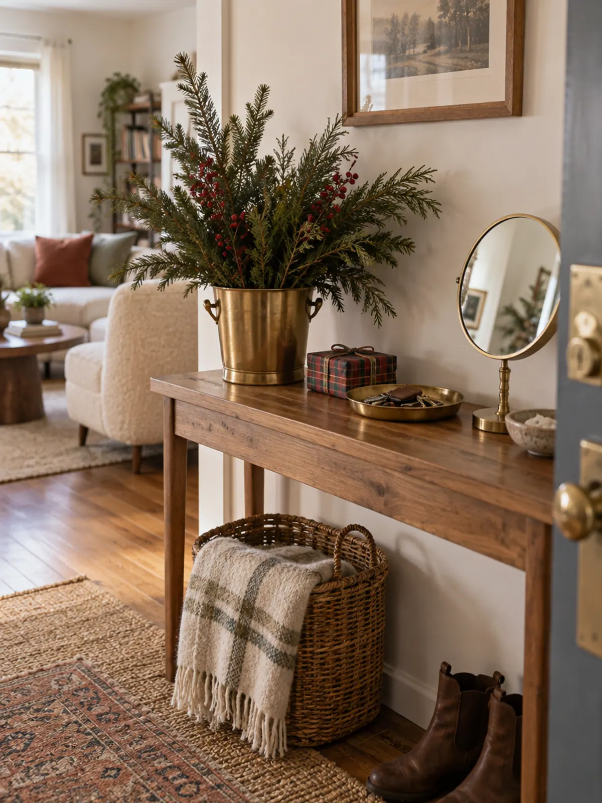 Thrifted brass ice bucket filled with tall fir and cedar branches and red berry stems on an entry console with a tartan-wrapped gift