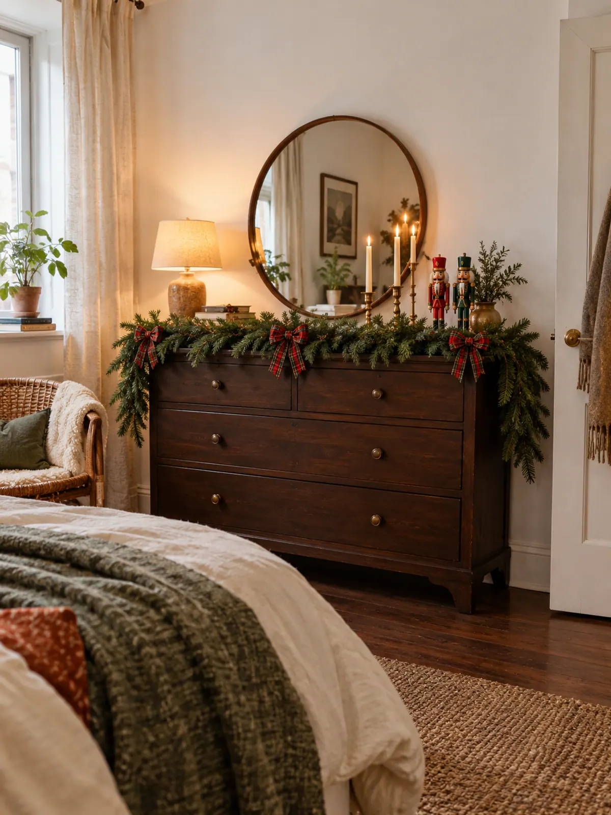 Dark wood dresser styled as a Christmas mantel with fir garland, red tartan bows, brass candlesticks and two small wooden nutcrackers under a leaning round mirror