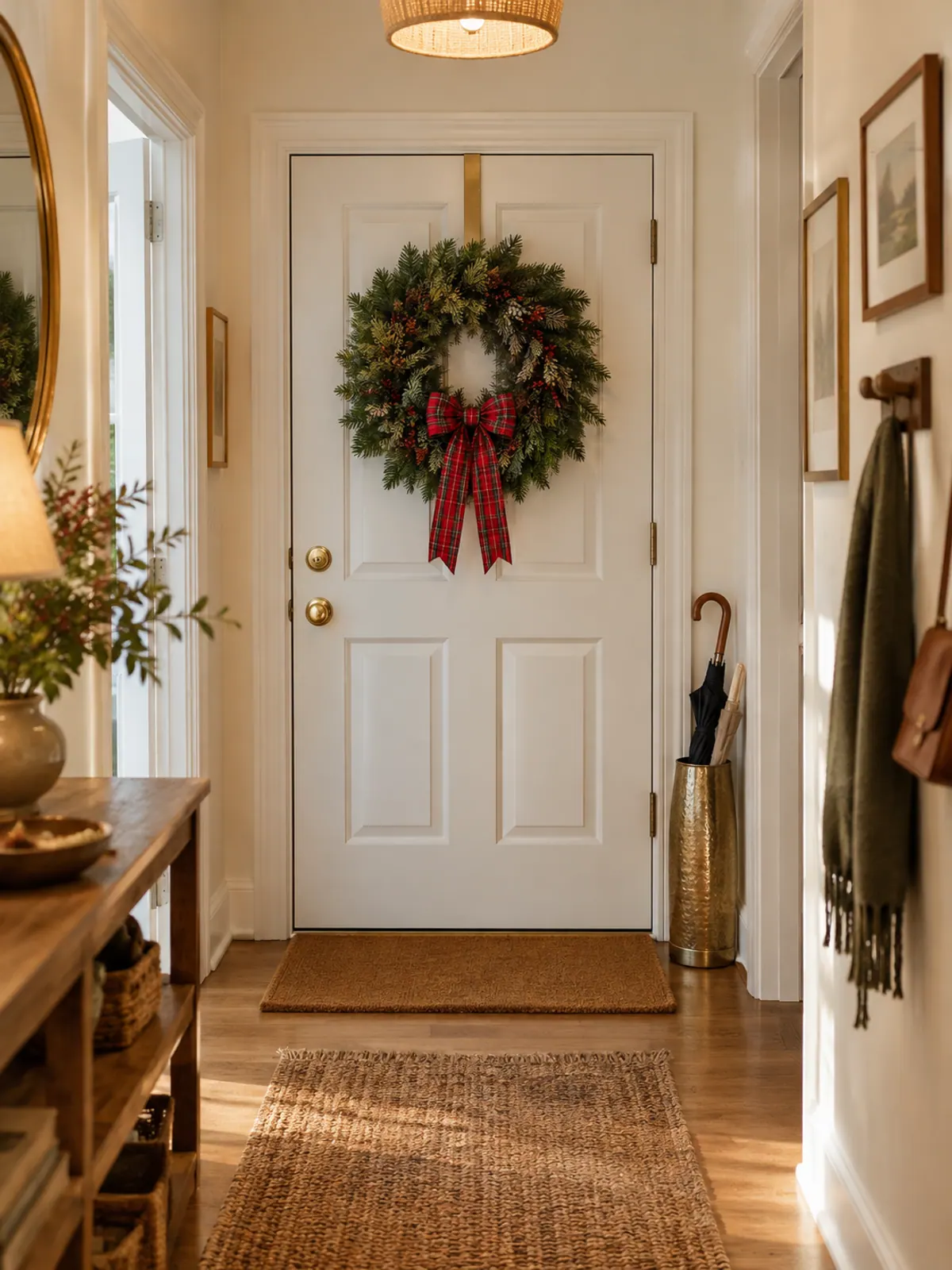 Full fir wreath with a large red tartan bow hanging on a white apartment front door from an over-the-door hanger above a jute doormat