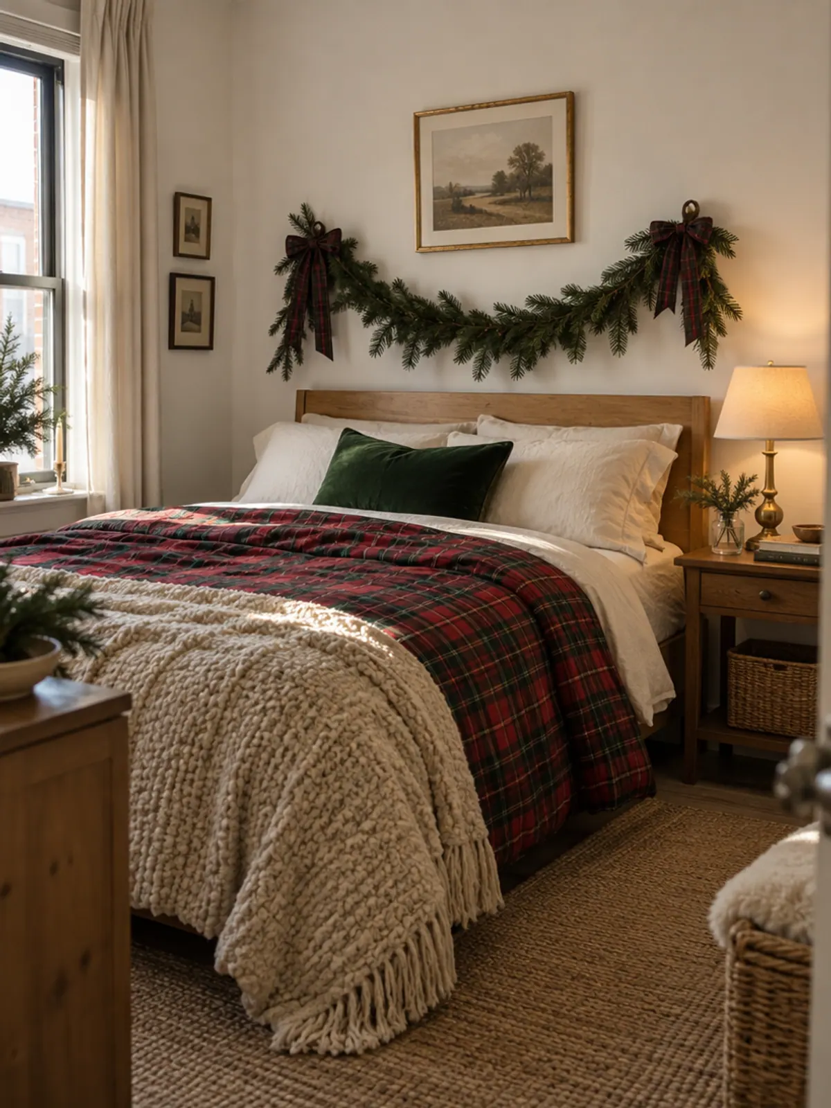 Small bedroom with a red and hunter green plaid duvet cover, a deep green velvet pillow, a brass lamp and fir garland with tartan bows on the wall above the headboard