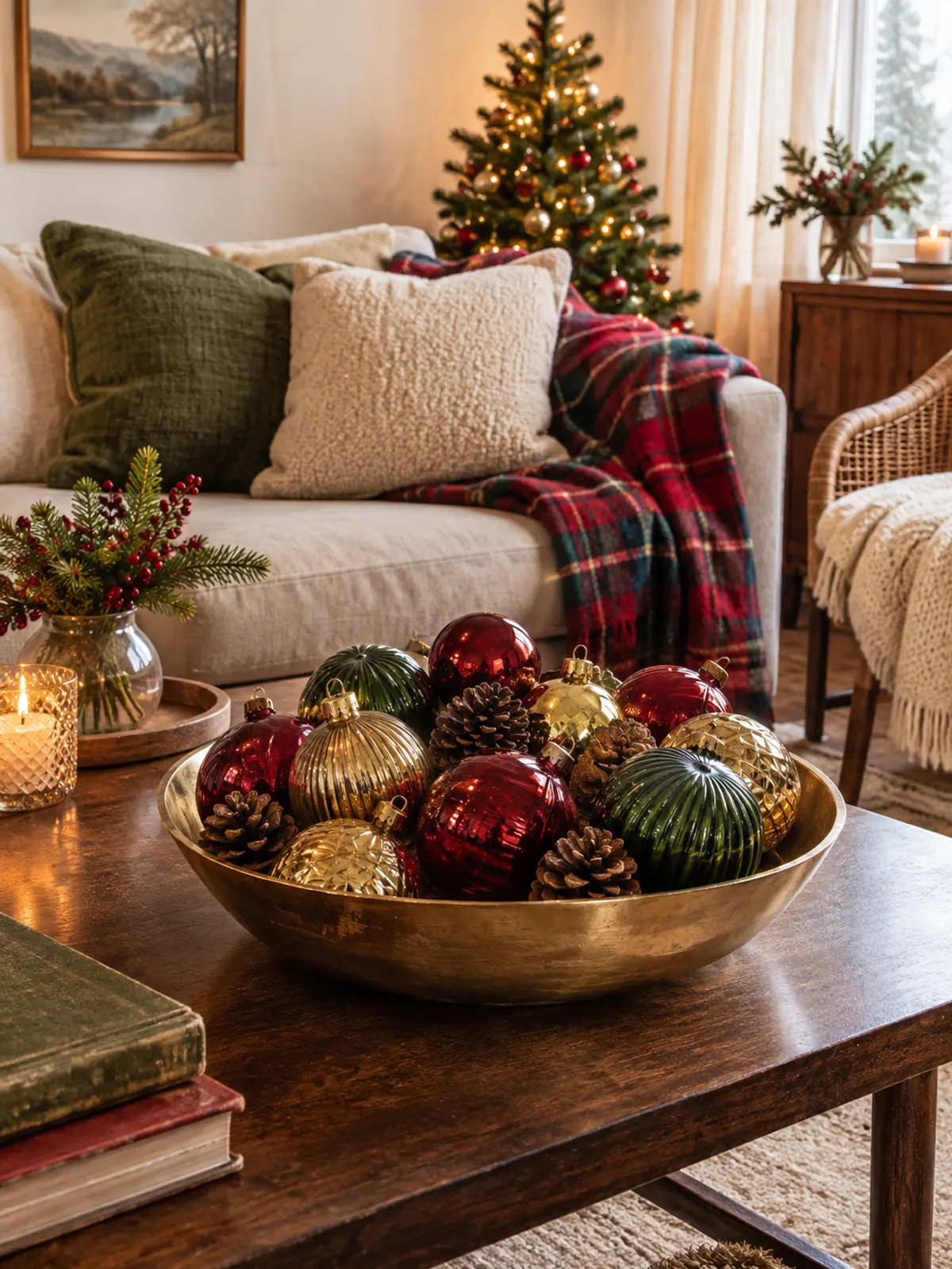 Wide brass bowl filled with deep red, gold and hunter green glass ornaments and pinecones on a dark wood coffee table