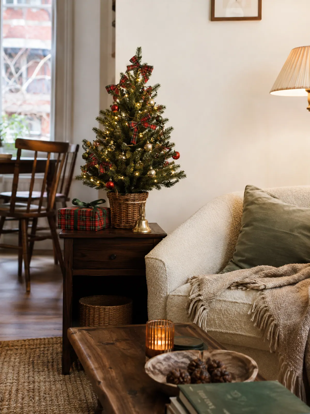 Small tabletop Christmas tree with red tartan ribbon bows, gold and deep red ornaments and warm lights on a dark wood side table beside a cream armchair