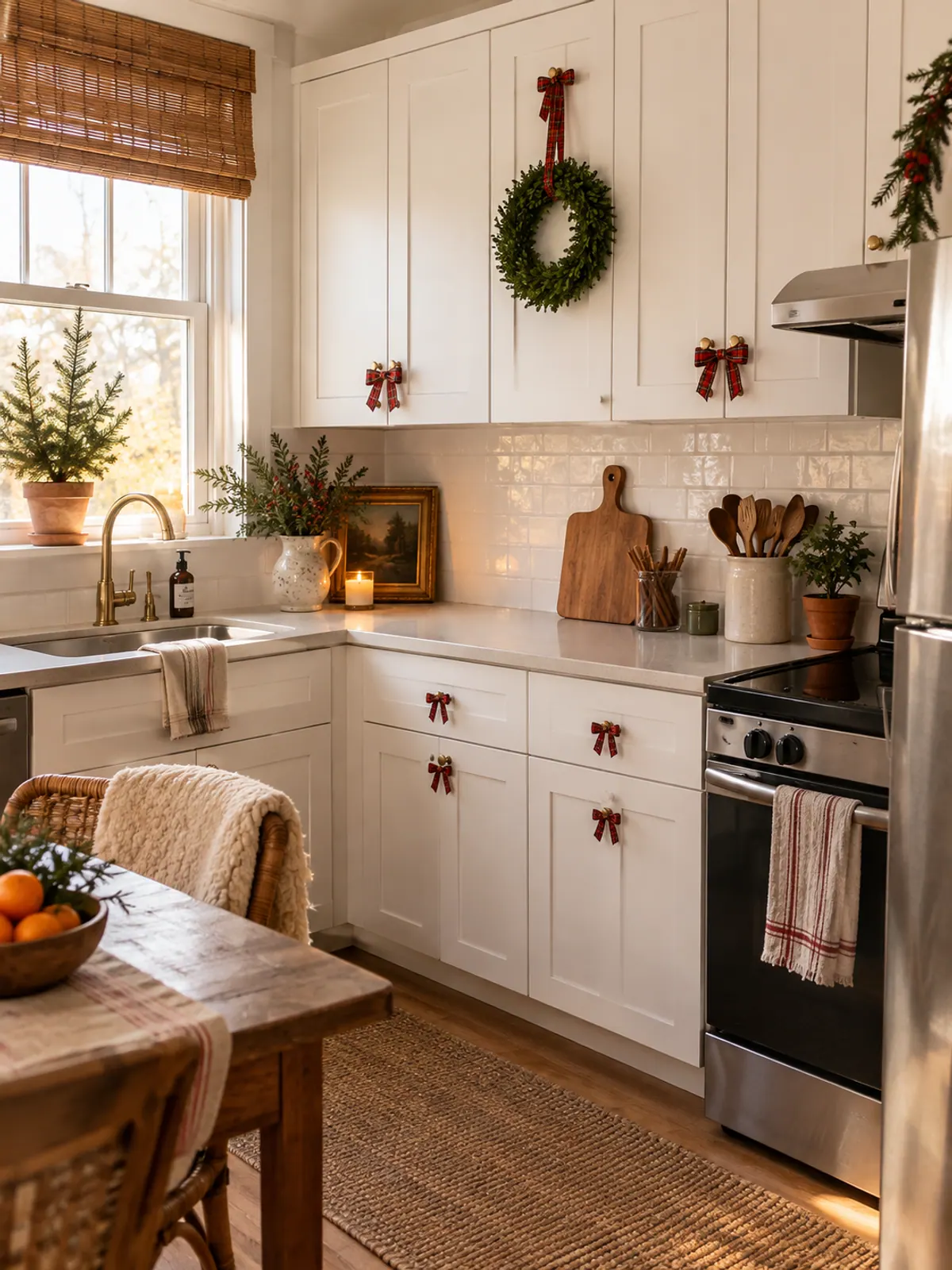 Small red tartan bows tied on white shaker cabinet knobs in a rental kitchen with a small boxwood wreath hanging from a ribbon on one cabinet door